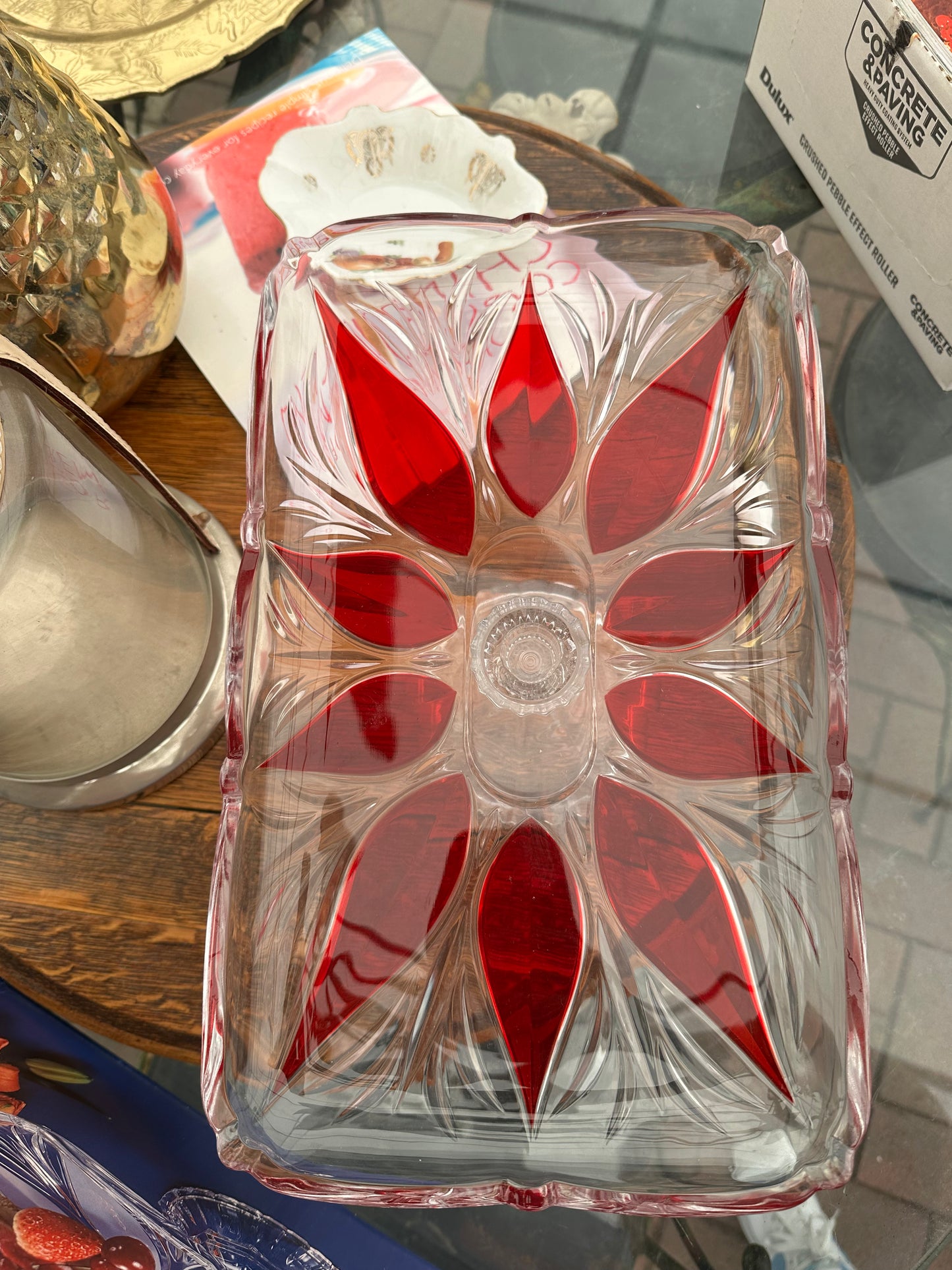 Vintage Soga Japan Fairmont Belle Ruby Red Footed Glass Platter | Rectangular Starburst Serving Stand | Japanese Art Glass