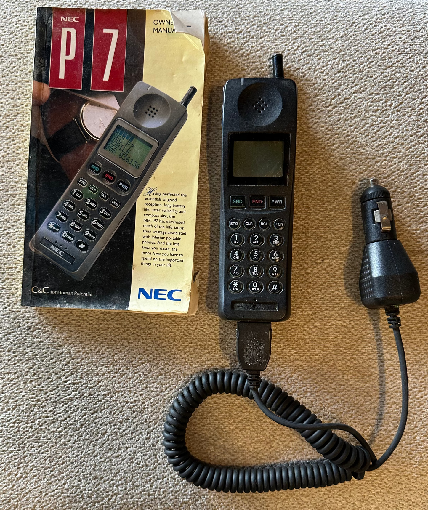 Vintage NEC P7 Mobile Phone 1990s Retro Brick Cell Phone with Original Manual & Car Charger | Collector’s Item