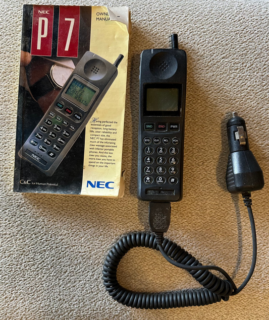 Vintage NEC P7 Mobile Phone 1990s Retro Brick Cell Phone with Original Manual & Car Charger | Collector’s Item