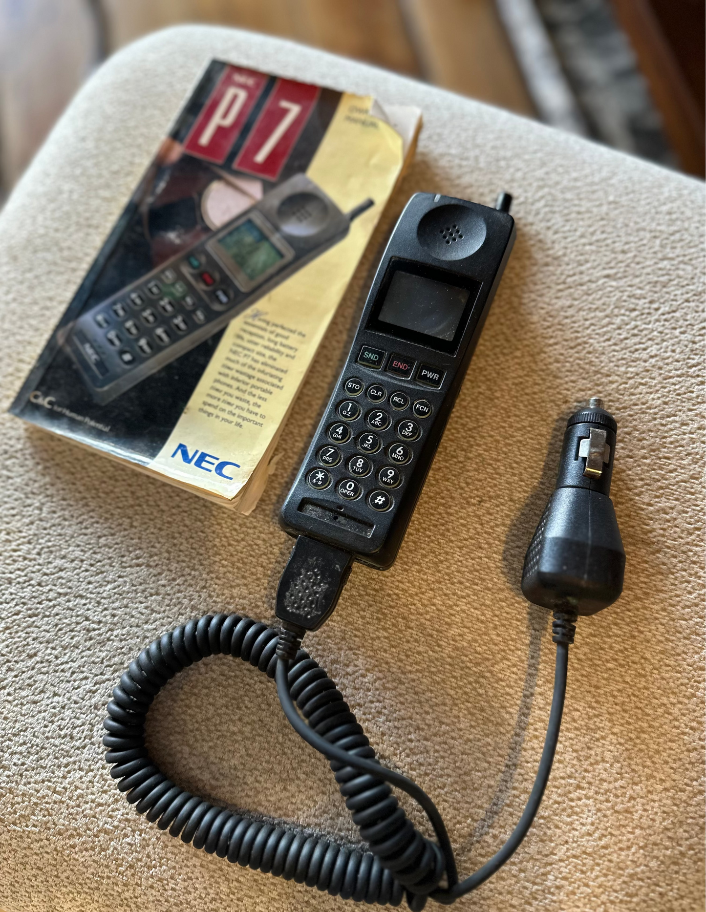 Vintage NEC P7 Mobile Phone 1990s Retro Brick Cell Phone with Original Manual & Car Charger | Collector’s Item
