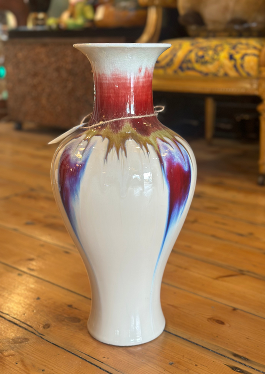 Vintage Chinese Flambe Glazed Porcelain Vase - Oxblood Red & Blue Sang de Boeuf - Large Decorative Ceramic