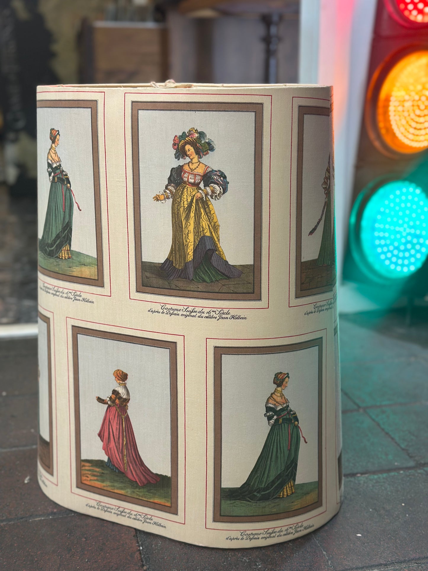 Vintage Mid-Century Lampshade - French "Costume Suisse" Historical Prints - Large Oval Drum Shade