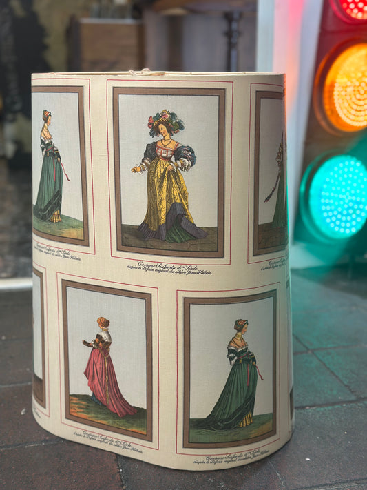 Vintage Mid-Century Lampshade - French "Costume Suisse" Historical Prints - Large Oval Drum Shade