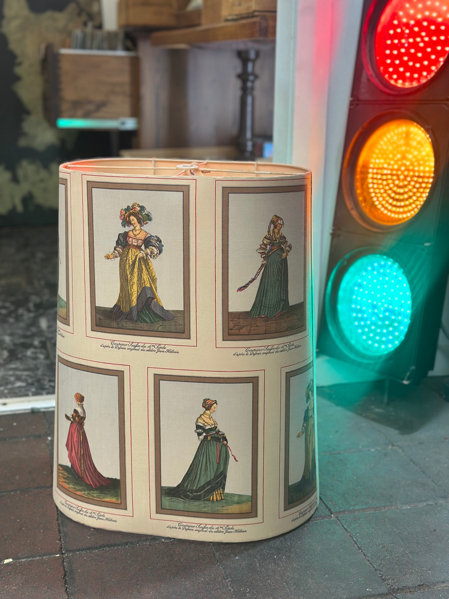 Vintage Mid-Century Lampshade - French "Costume Suisse" Historical Prints - Large Oval Drum Shade