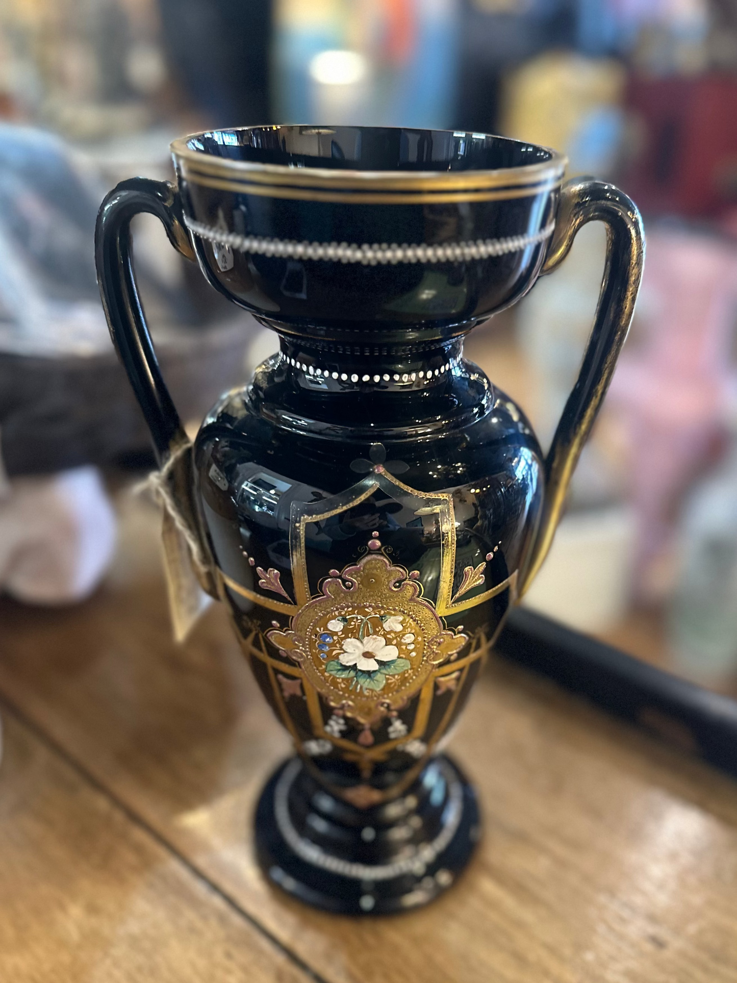 Antique 32cm Victorian Black Hyalith Glass Urn Vase – Hand-Painted Enamel Florals & Gilt – Bohemian Art Glass