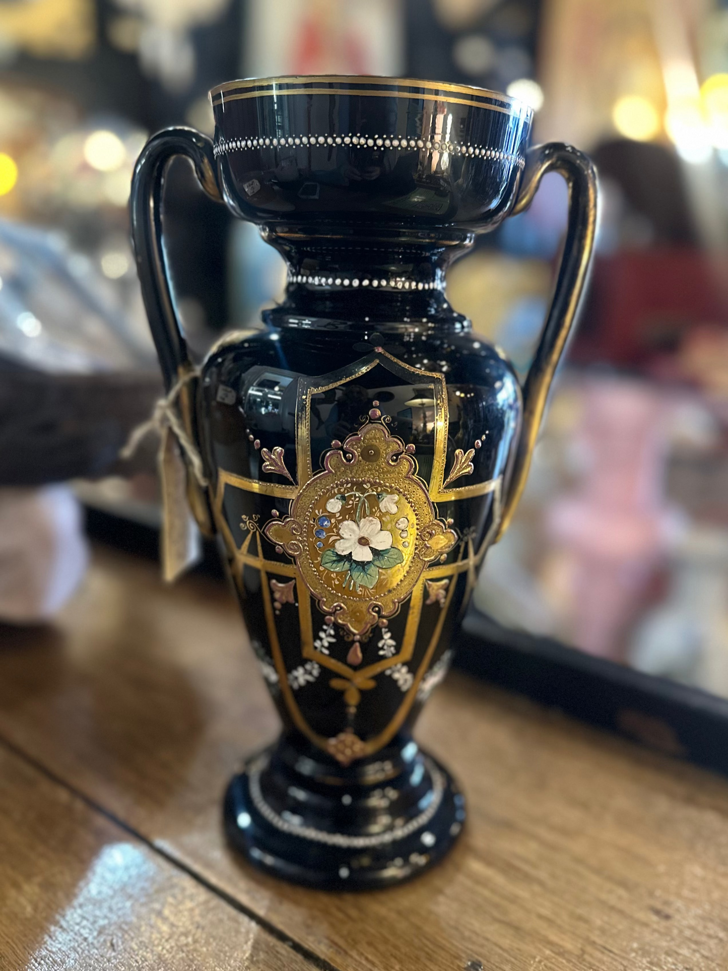 Antique 32cm Victorian Black Hyalith Glass Urn Vase – Hand-Painted Enamel Florals & Gilt – Bohemian Art Glass