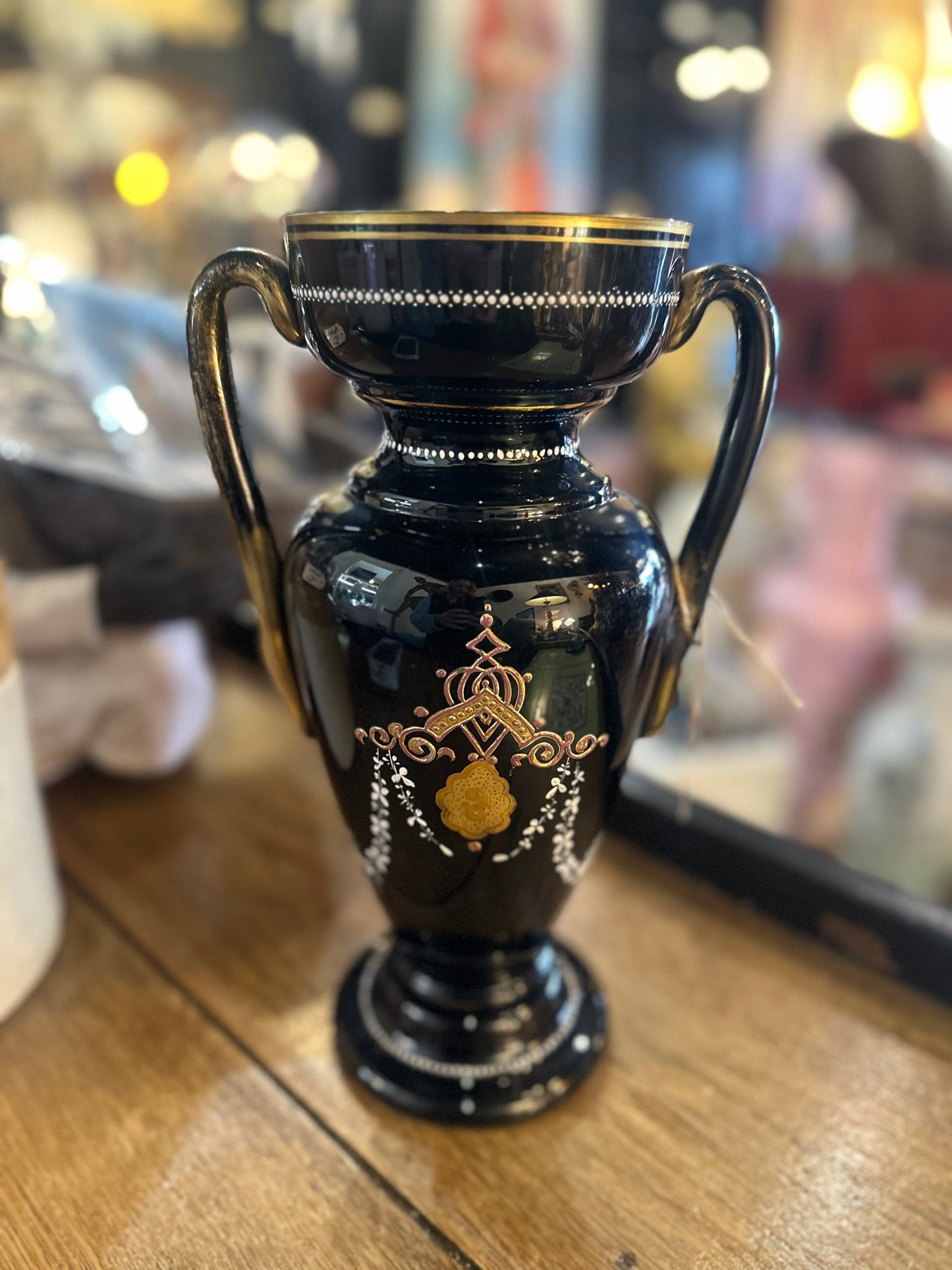 Antique 32cm Victorian Black Hyalith Glass Urn Vase – Hand-Painted Enamel Florals & Gilt – Bohemian Art Glass