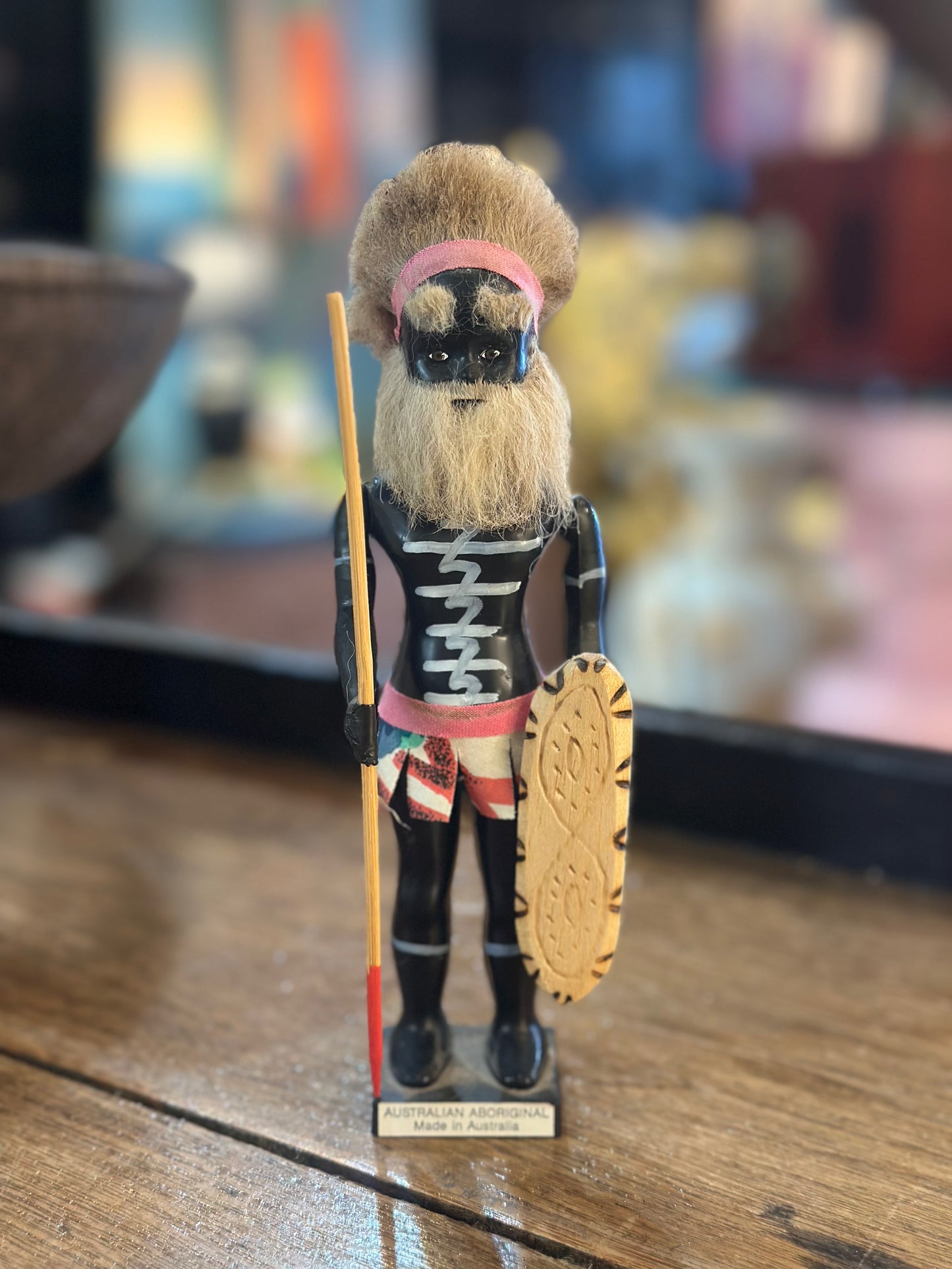 Vintage Australian Aboriginal Warrior Souvenir Figurine | Hand-Carved Wood with Spear and Shield | Mid-Century Australiana Collectible