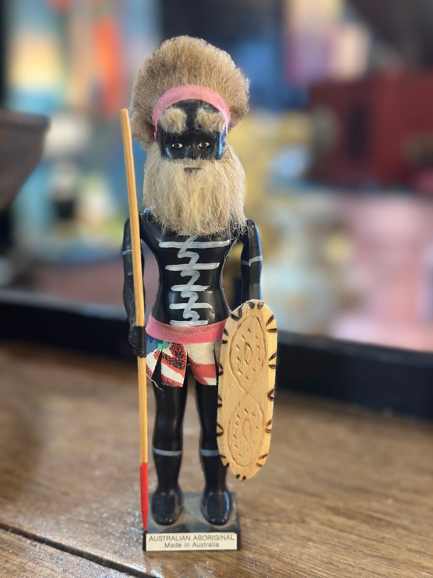 Vintage Australian Aboriginal Warrior Souvenir Figurine | Hand-Carved Wood with Spear and Shield | Mid-Century Australiana Collectible