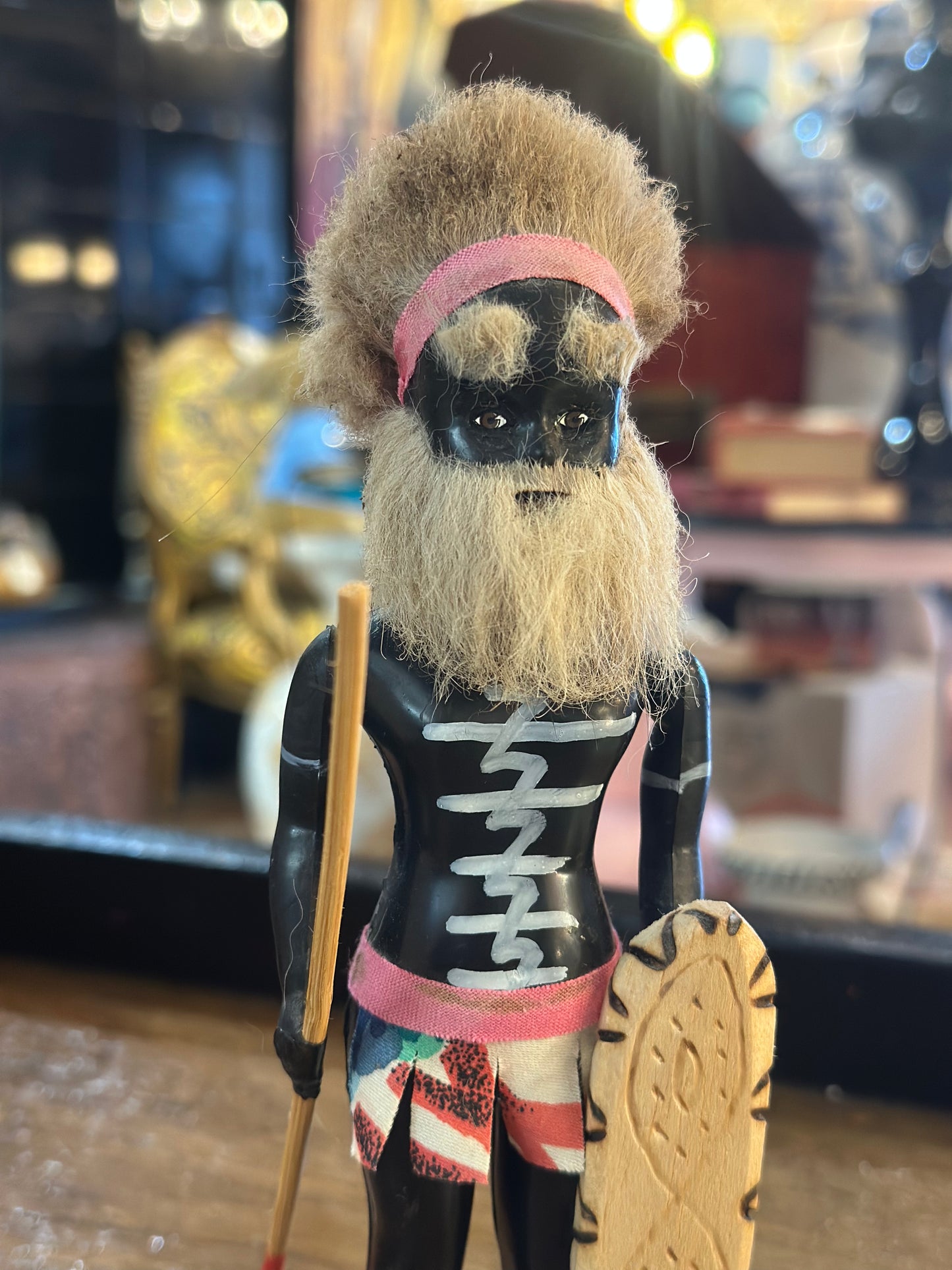 Vintage Australian Aboriginal Warrior Souvenir Figurine | Hand-Carved Wood with Spear and Shield | Mid-Century Australiana Collectible