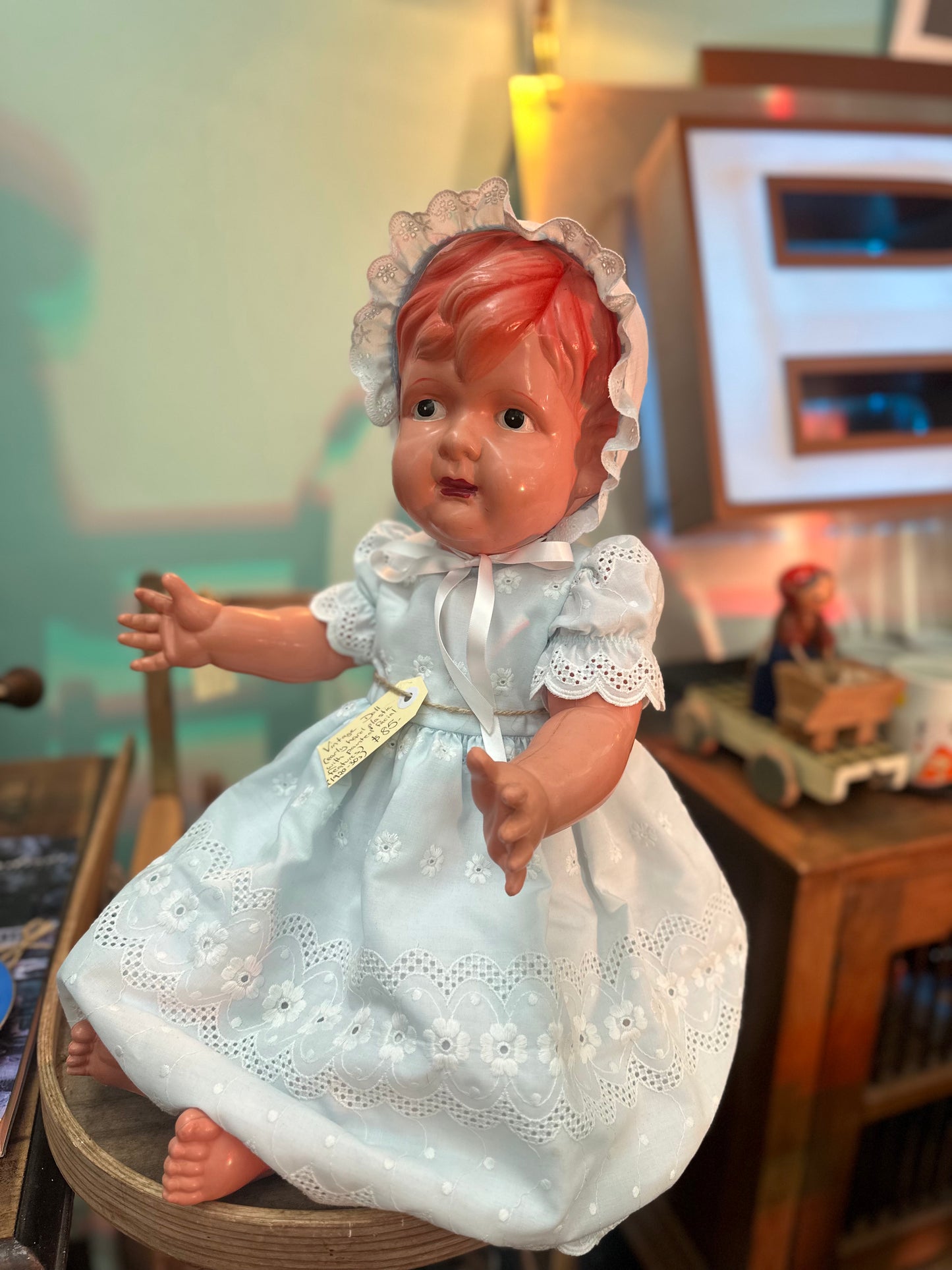 Vintage Mid-Century Baby Doll with Rare Pink Molded Hair | 1940s-50s Hard Plastic Collectible