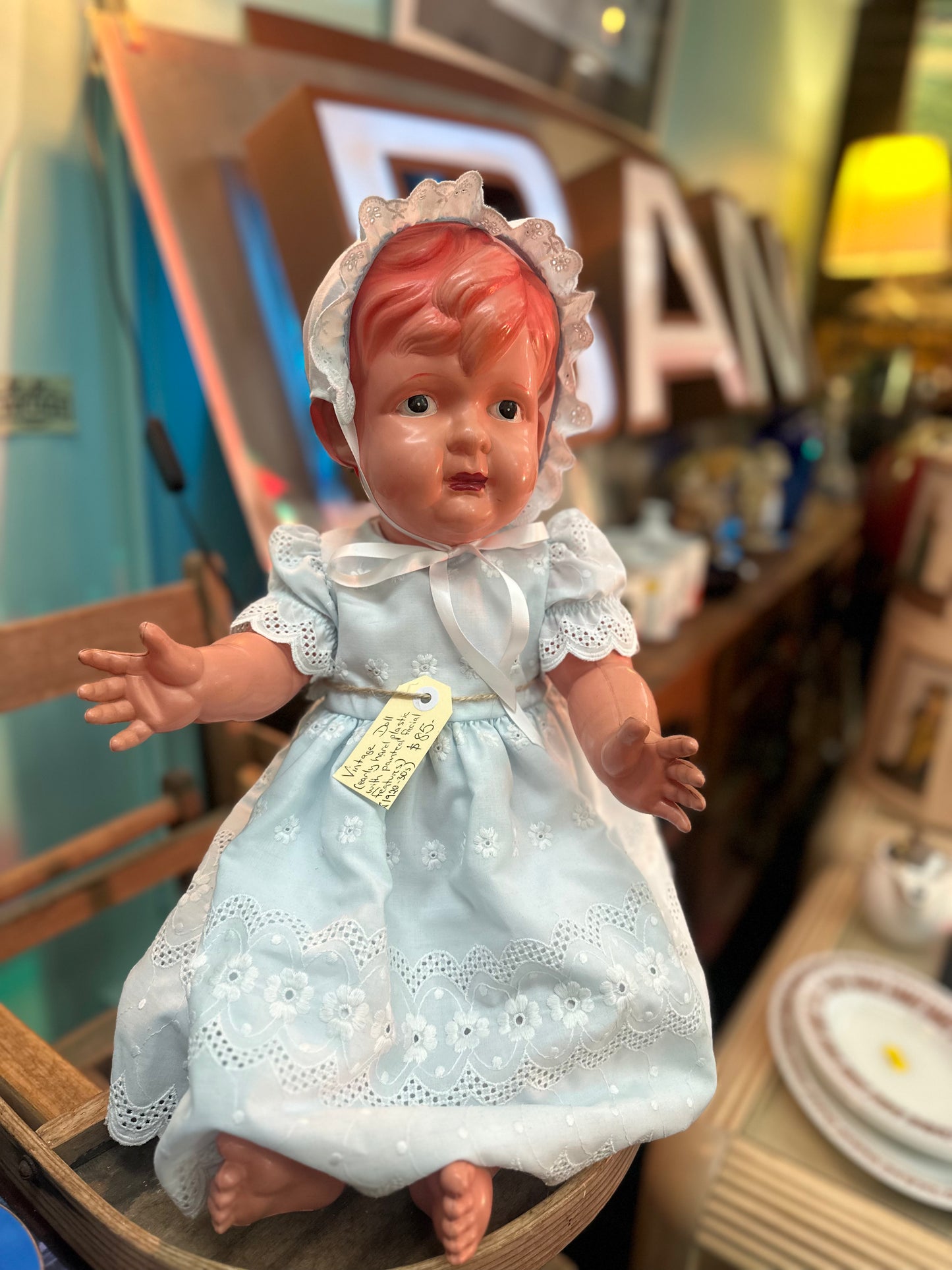 Vintage Mid-Century Baby Doll with Rare Pink Molded Hair | 1940s-50s Hard Plastic Collectible