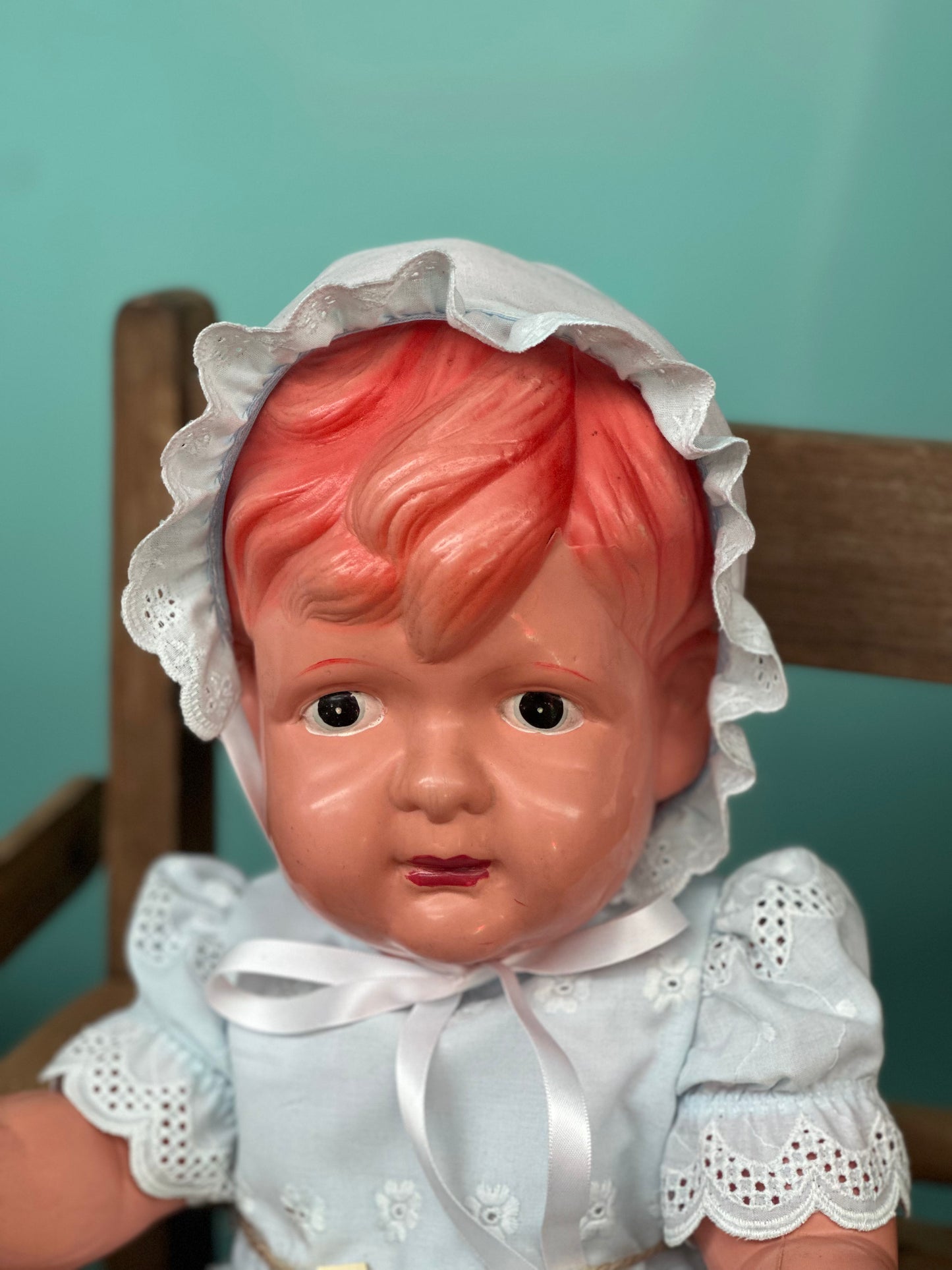 Vintage Mid-Century Baby Doll with Rare Pink Molded Hair | 1940s-50s Hard Plastic Collectible
