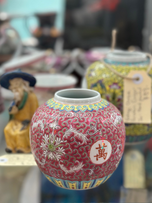 Vintage Chinese Mun Shou Rose Pink Ginger Jar - Jingdezhen Porcelain - Famille Rose Longevity Jar