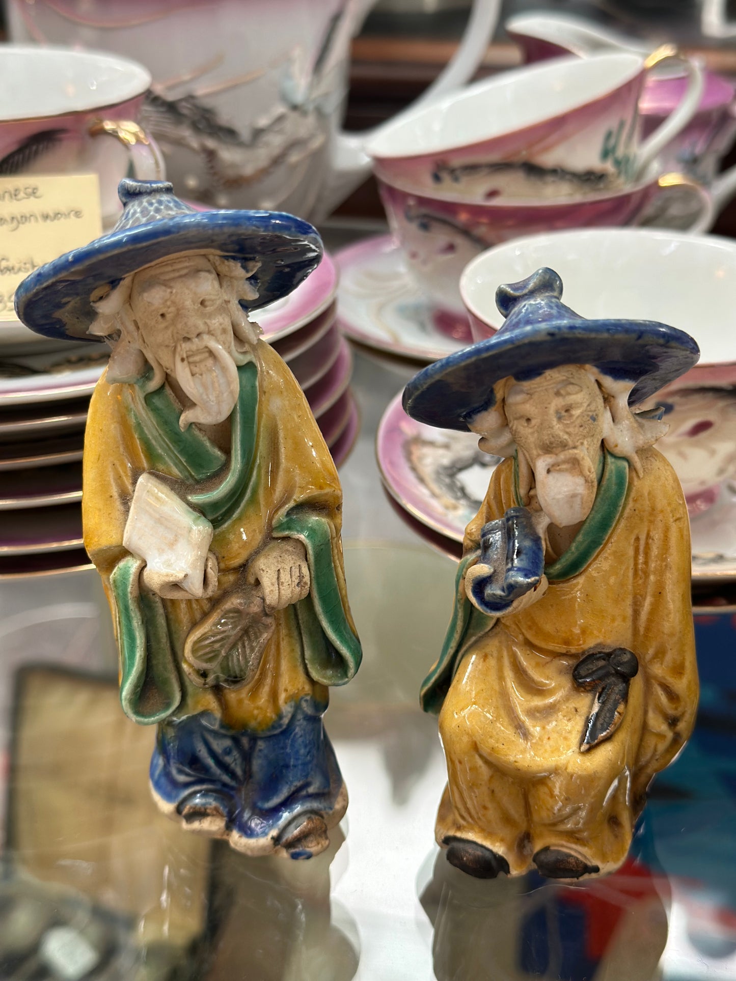 Vintage Chinese Mudman Figurines Pair – Hand Painted Glazed Ceramic Scholar Statues