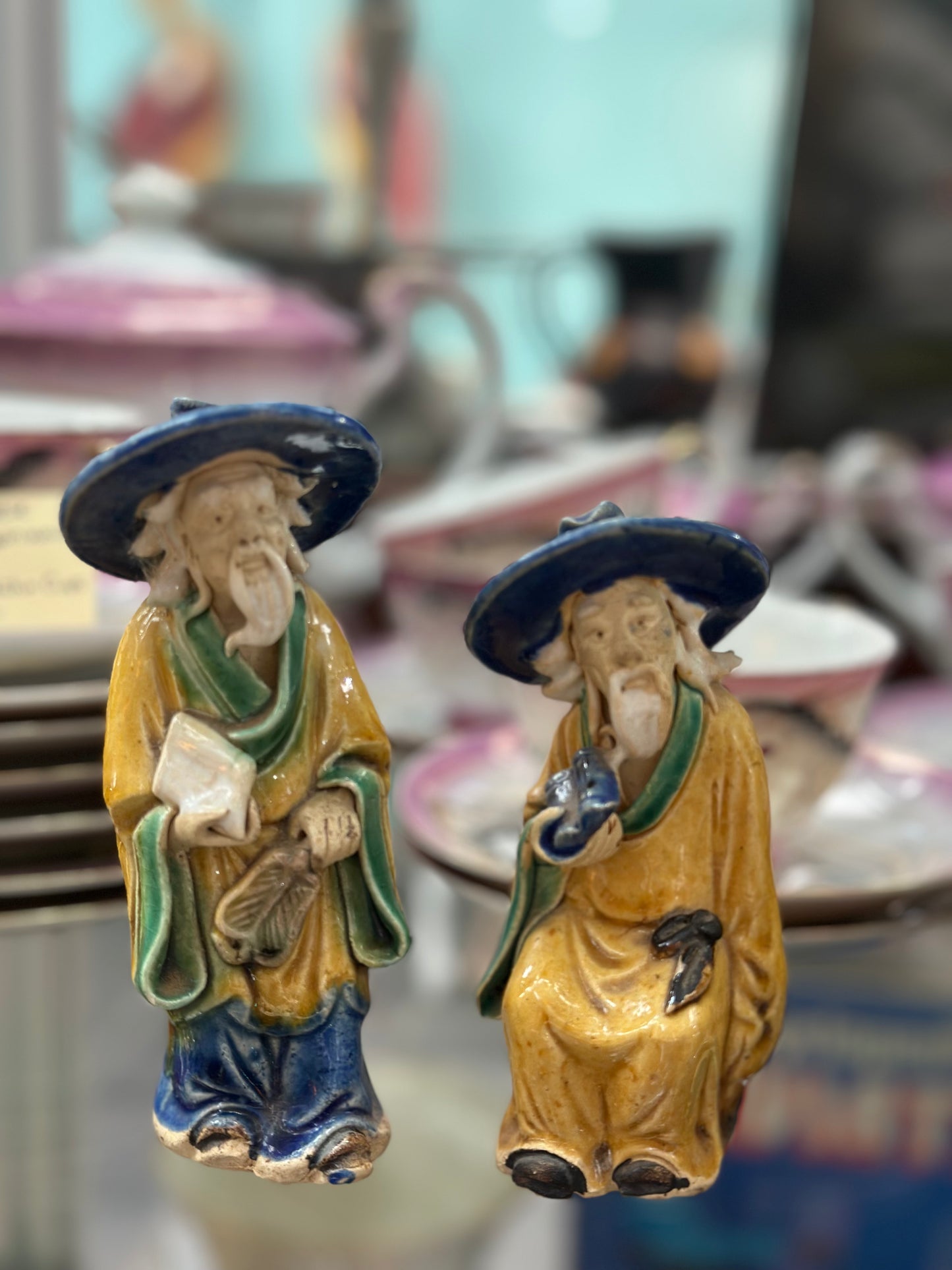 Vintage Chinese Mudman Figurines Pair – Hand Painted Glazed Ceramic Scholar Statues