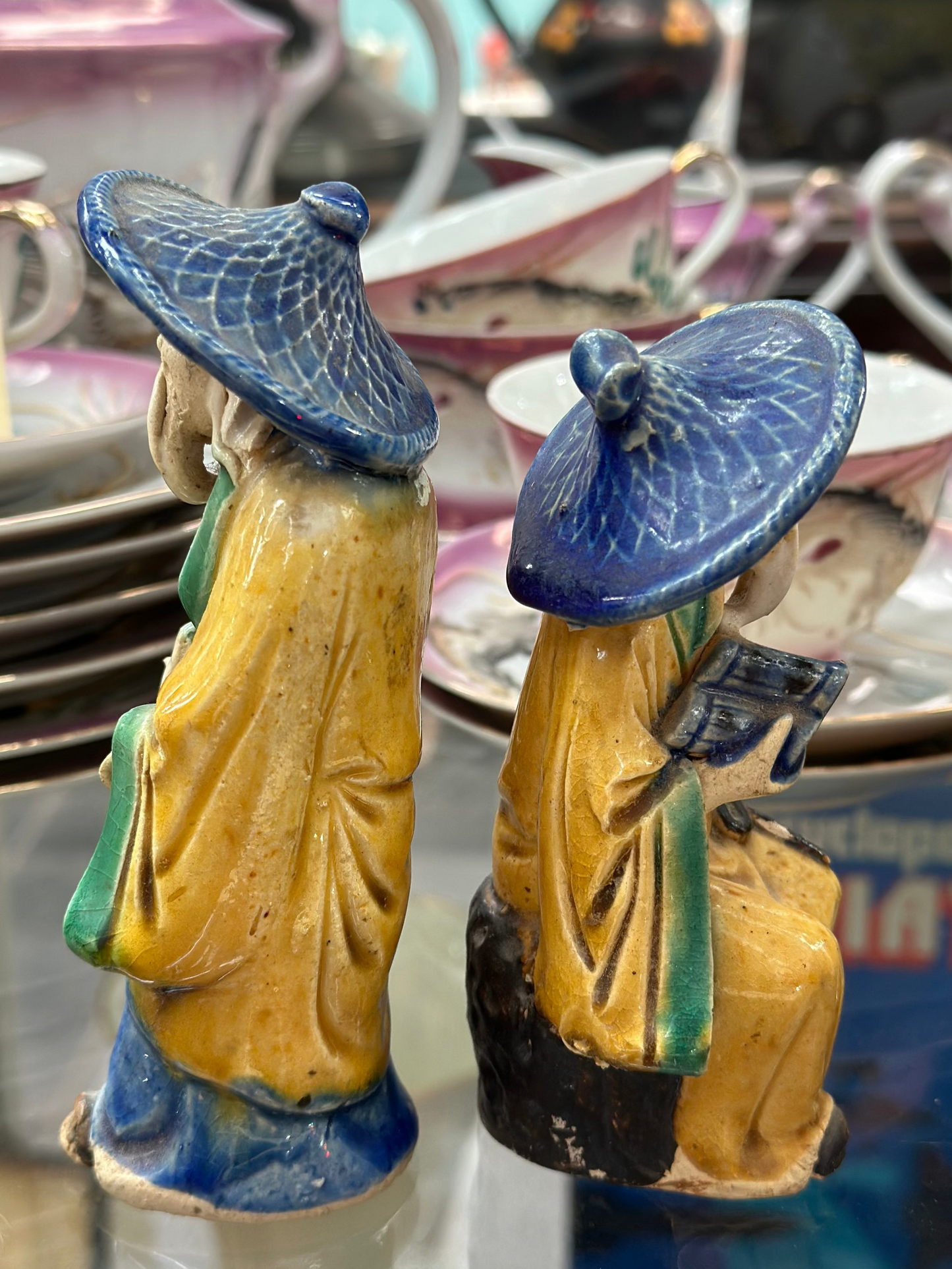 Vintage Chinese Mudman Figurines Pair – Hand Painted Glazed Ceramic Scholar Statues