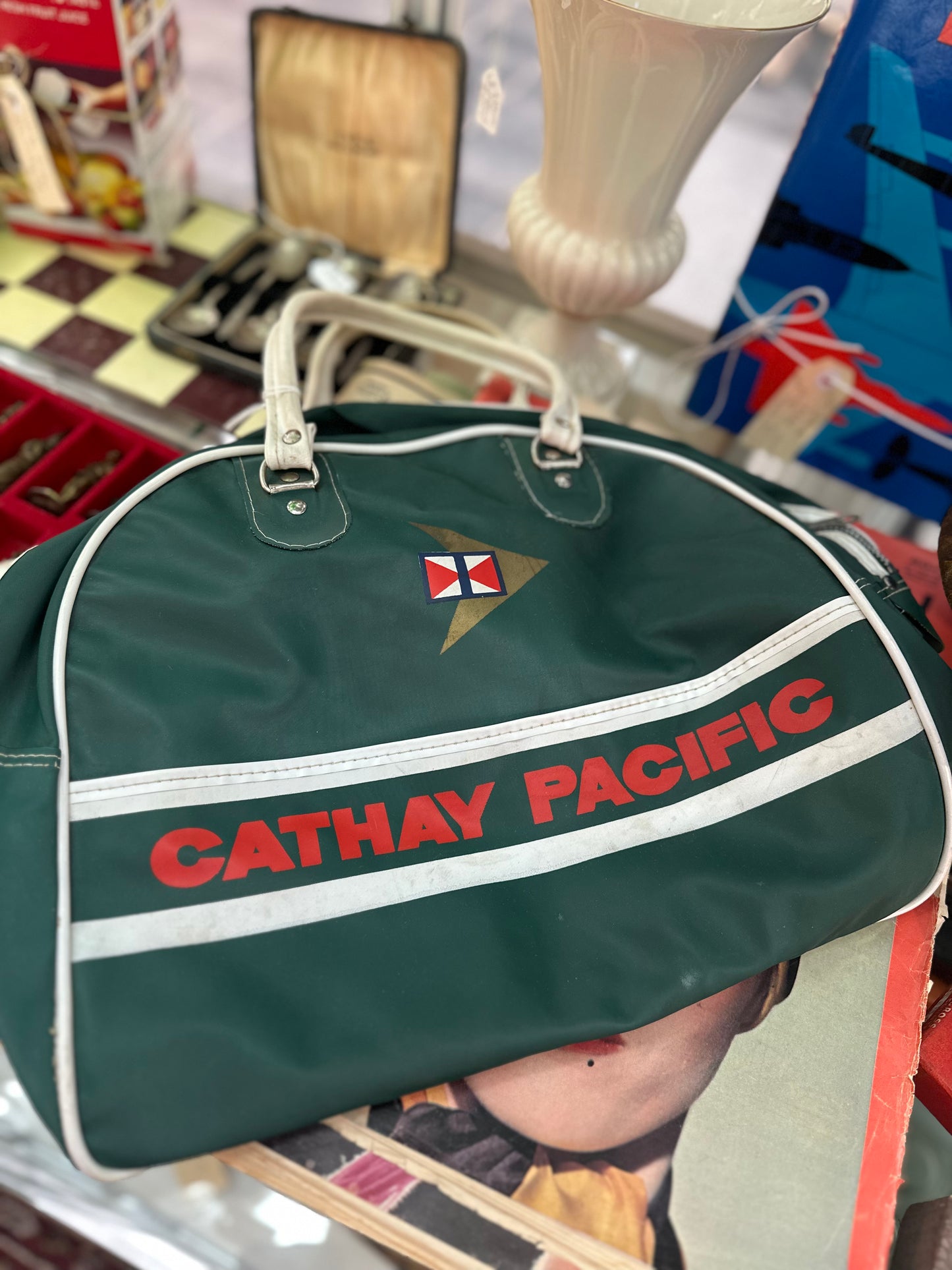 Vintage 1970s Cathay Pacific Airline Flight Bag - Retro Green Bowling Style Cabin Bag