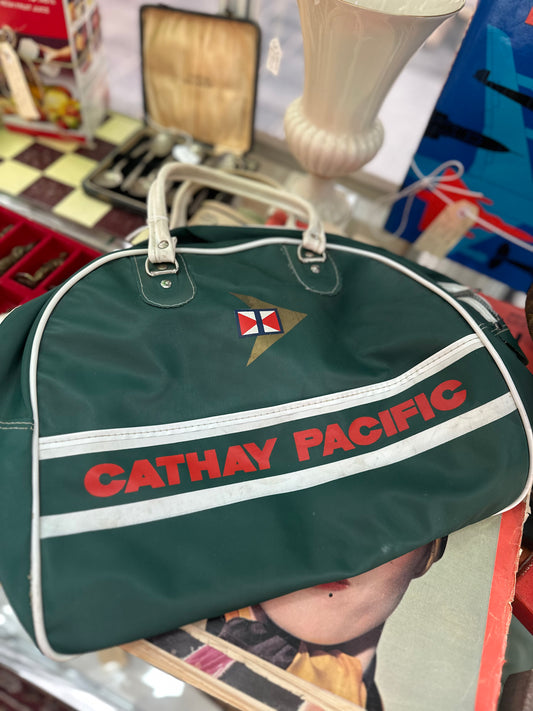 Vintage 1970s Cathay Pacific Airline Flight Bag - Retro Green Bowling Style Cabin Bag