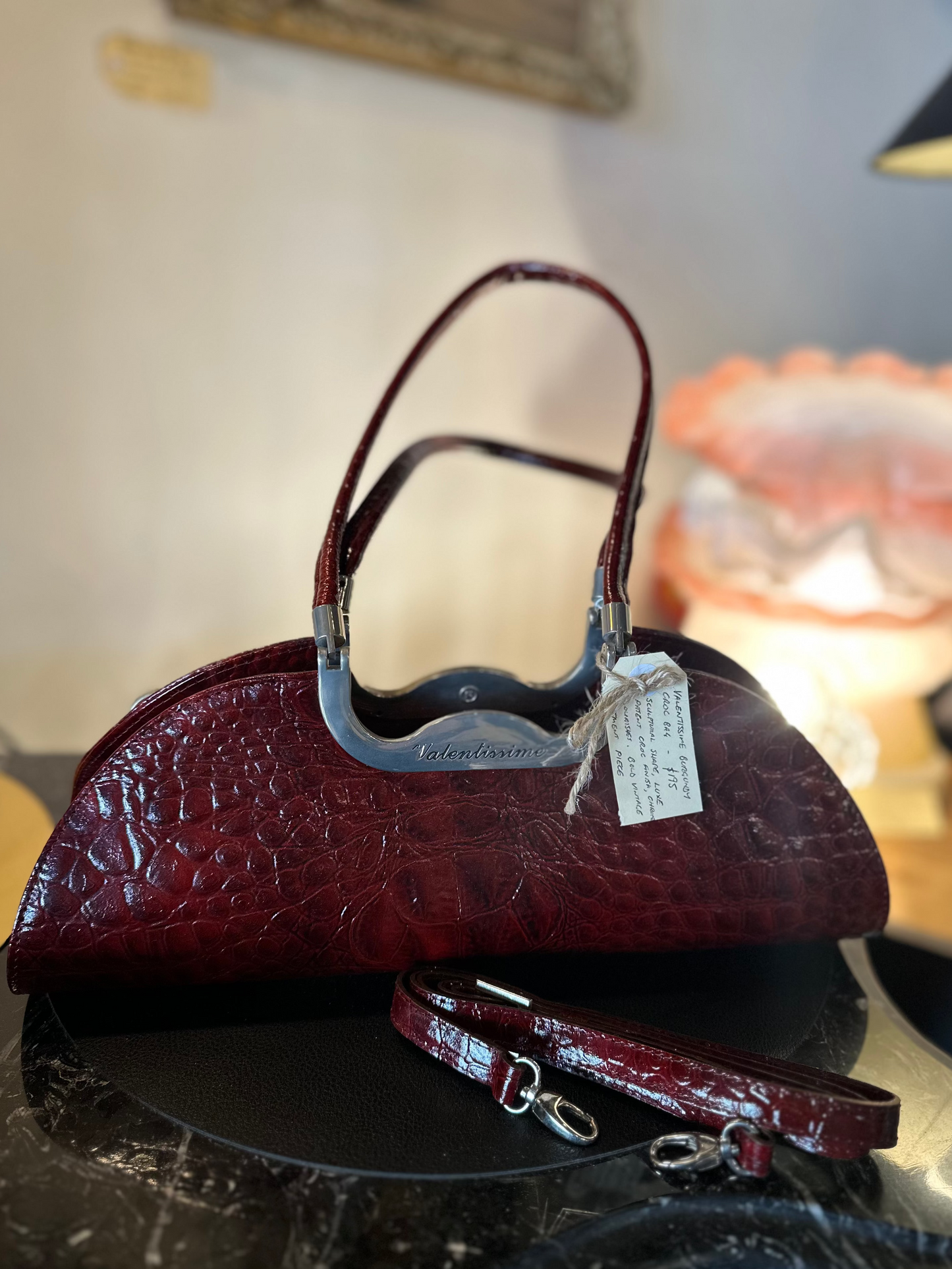 Vintage Valentissime Burgundy Croc-Embossed Sculptural Handbag | Italian 90s Luxe
