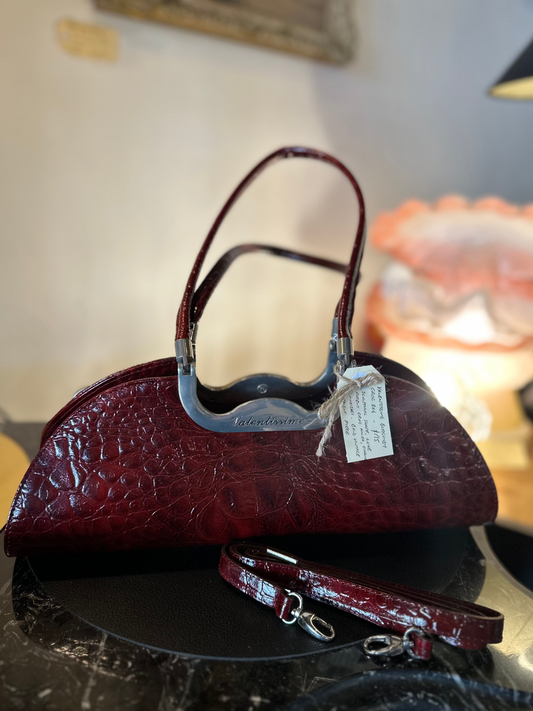 Vintage Valentissime Burgundy Croc-Embossed Sculptural Handbag | Italian 90s Luxe