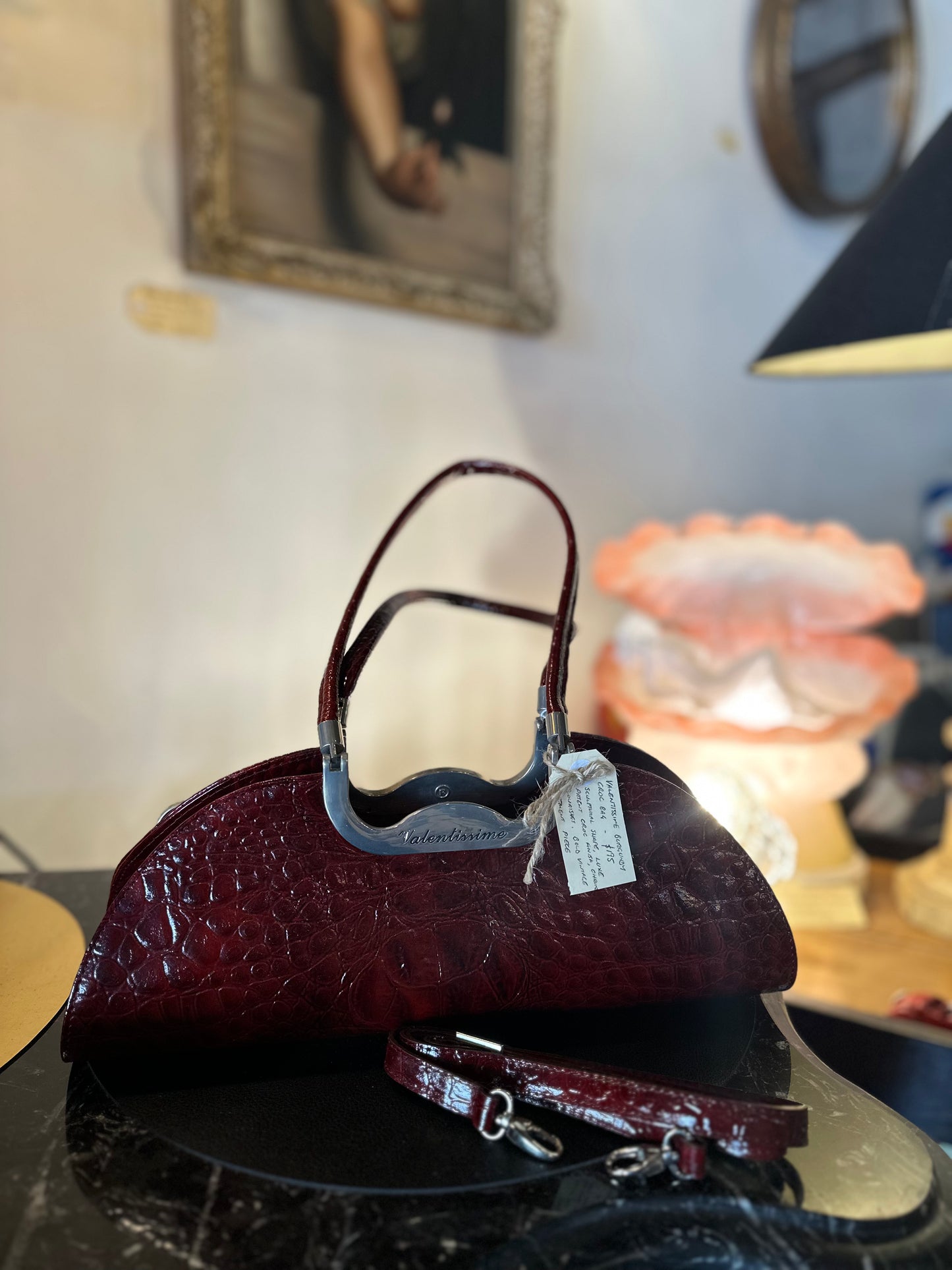 Vintage Valentissime Burgundy Croc-Embossed Sculptural Handbag | Italian 90s Luxe