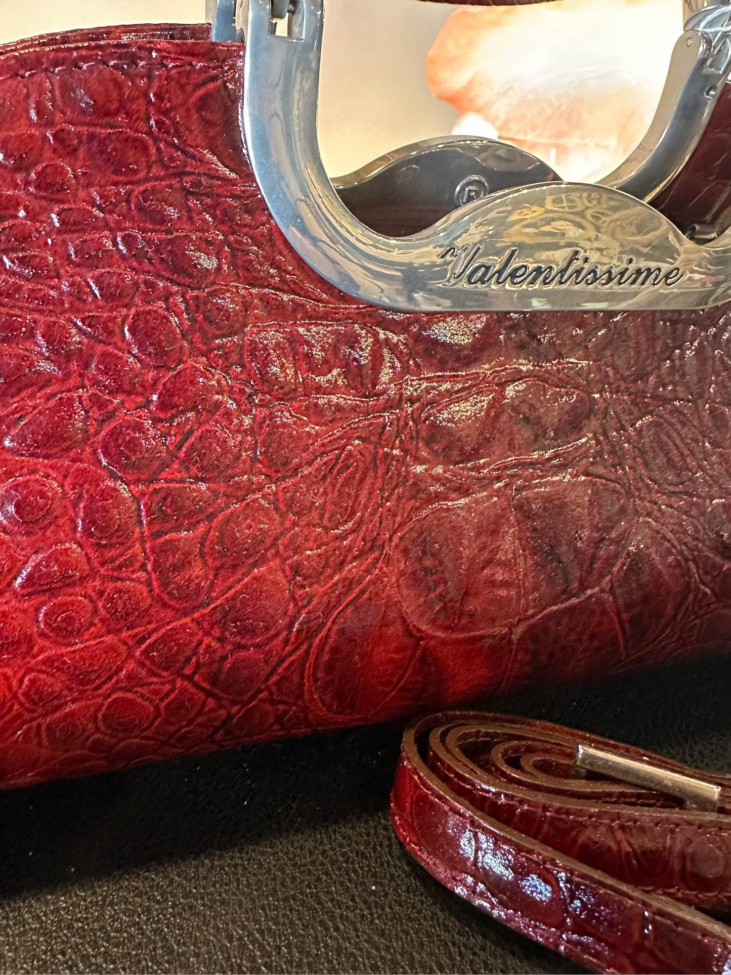 Vintage Valentissime Burgundy Croc-Embossed Sculptural Handbag | Italian 90s Luxe