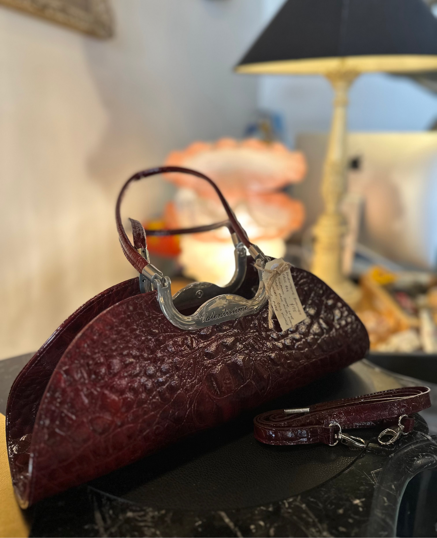 Vintage Valentissime Burgundy Croc-Embossed Sculptural Handbag | Italian 90s Luxe