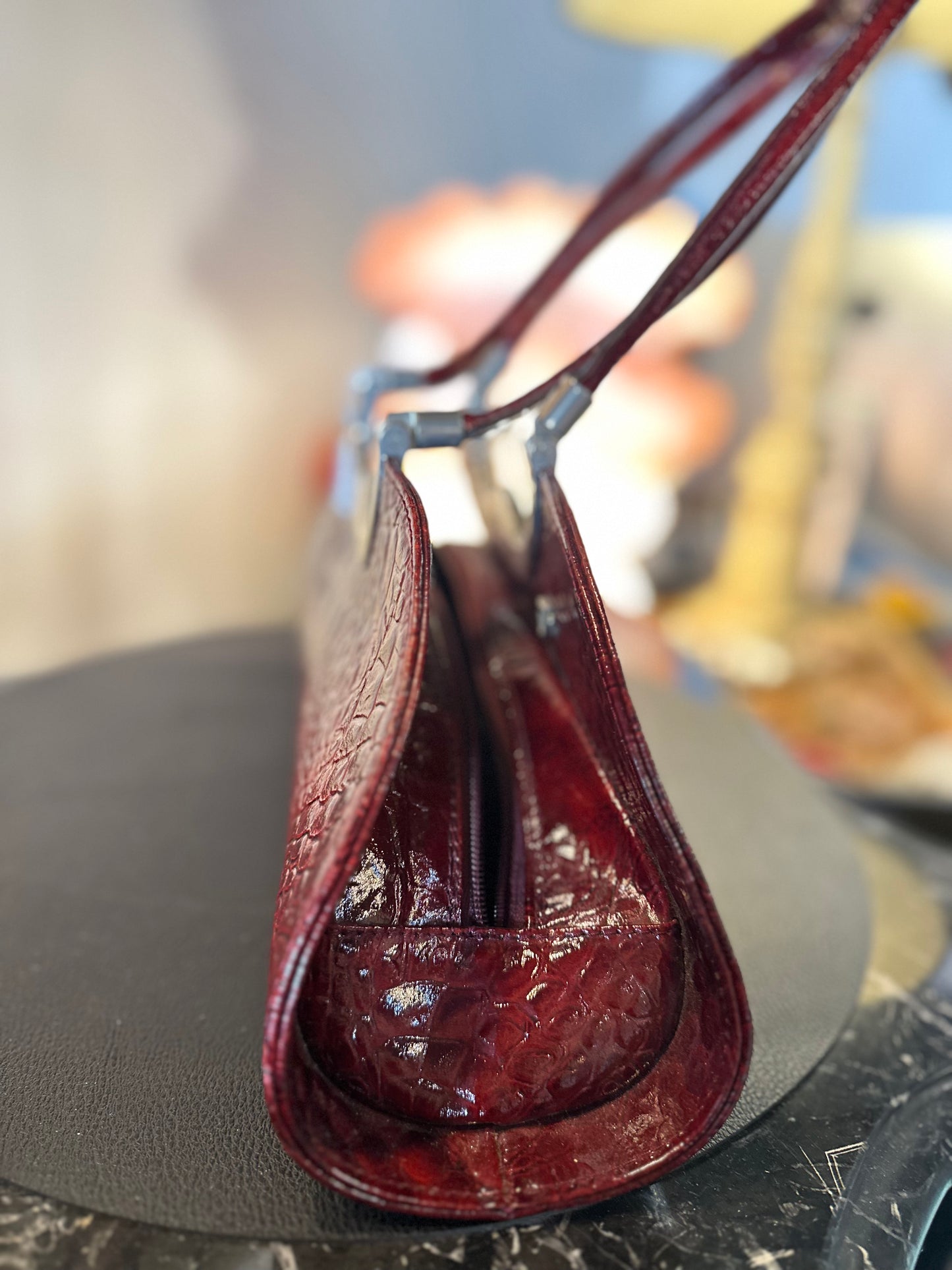 Vintage Valentissime Burgundy Croc-Embossed Sculptural Handbag | Italian 90s Luxe