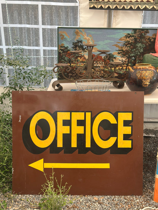 Vintage Metal Office Sign | Large Brown & Yellow Directional Wayfinding Arrow | Industrial Office Decor