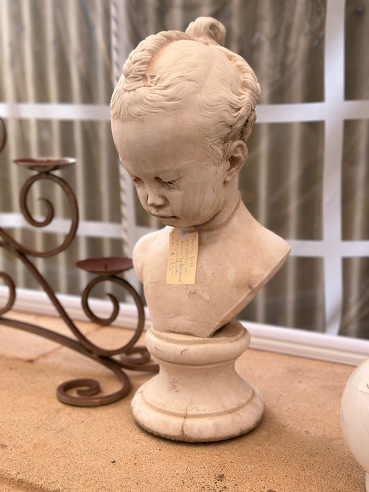 Vintage French Bust La Boudeuse Sculpture - Neoclassical Style Young Girl with Braids - After Jacques Saly / Houdon
