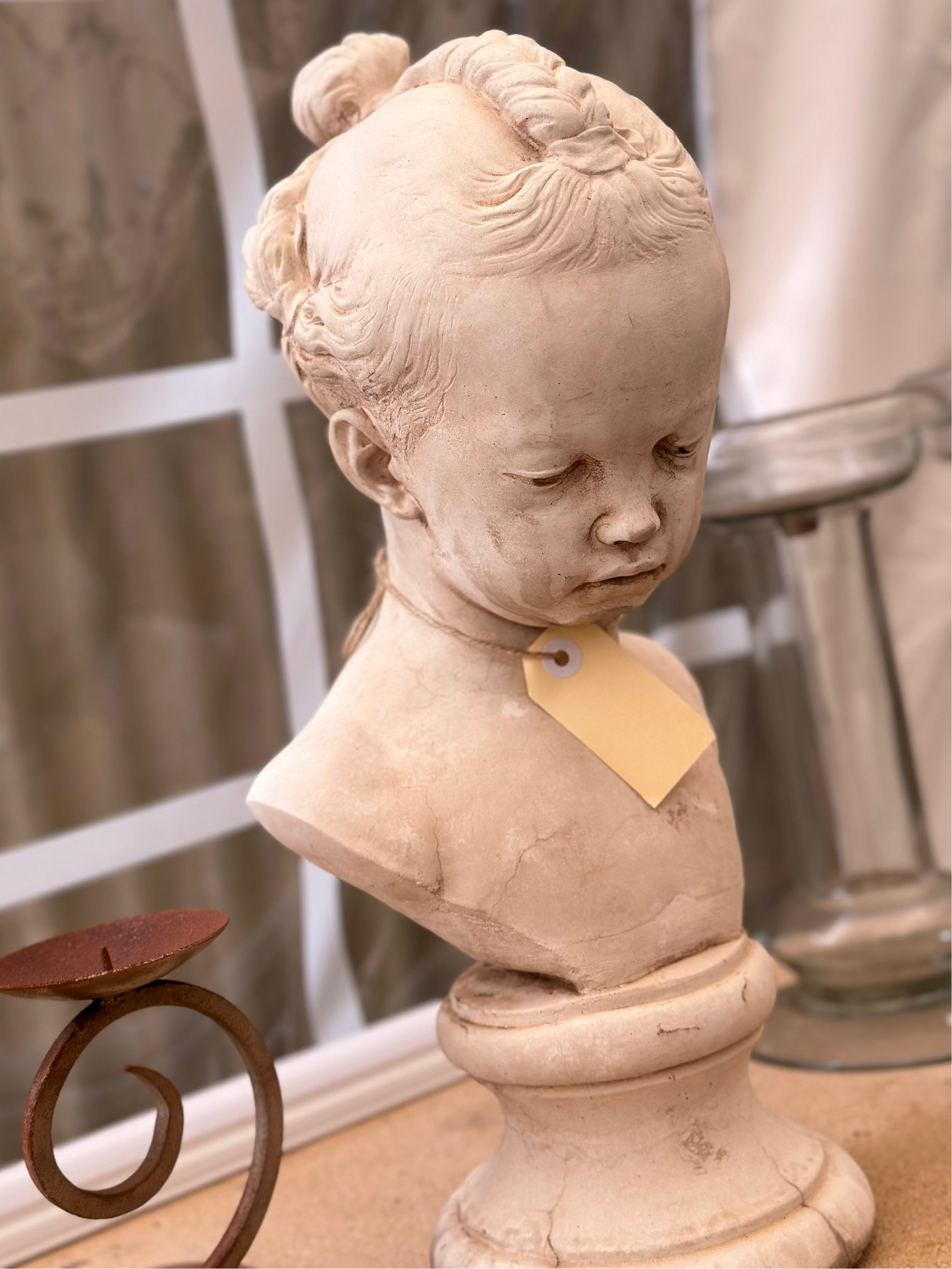 Vintage French Bust La Boudeuse Sculpture - Neoclassical Style Young Girl with Braids - After Jacques Saly / Houdon