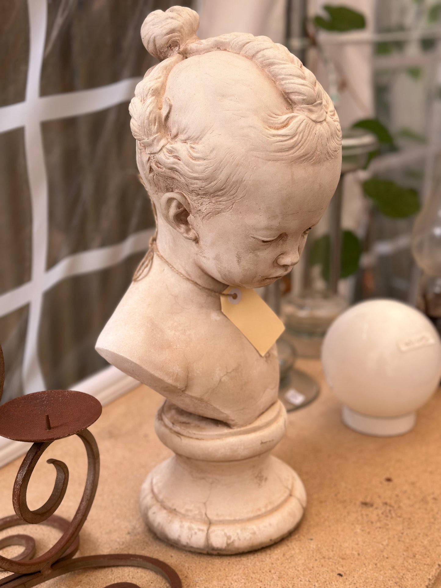 Vintage French Bust La Boudeuse Sculpture - Neoclassical Style Young Girl with Braids - After Jacques Saly / Houdon