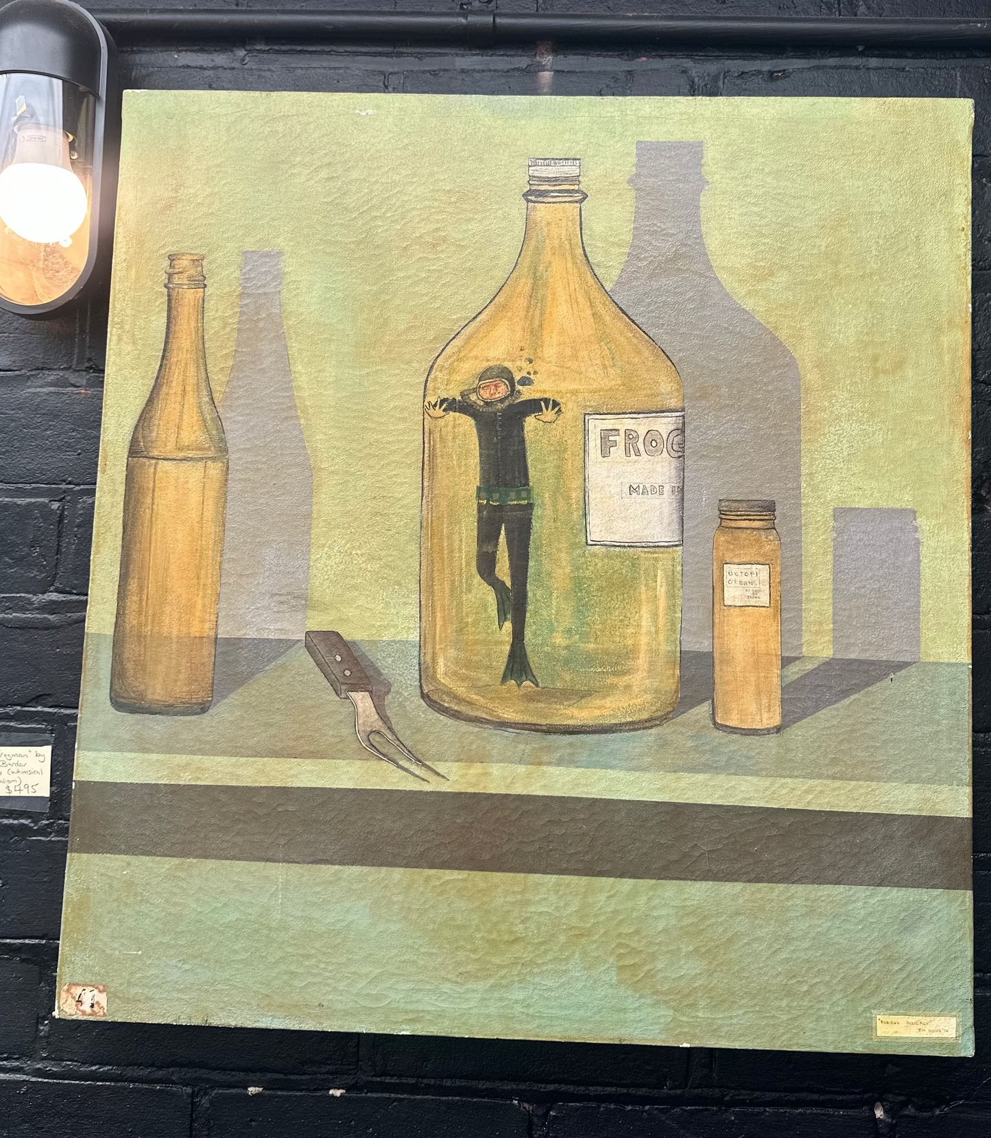 Vintage 1974 Surreal Frog Still Life Painting “Dubious Delicacy” – Signed J.M. Berdar Large Canvas Artwork
