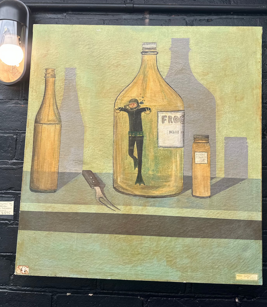 Vintage 1974 Surreal Frog Still Life Painting “Dubious Delicacy” – Signed J.M. Berdar Large Canvas Artwork