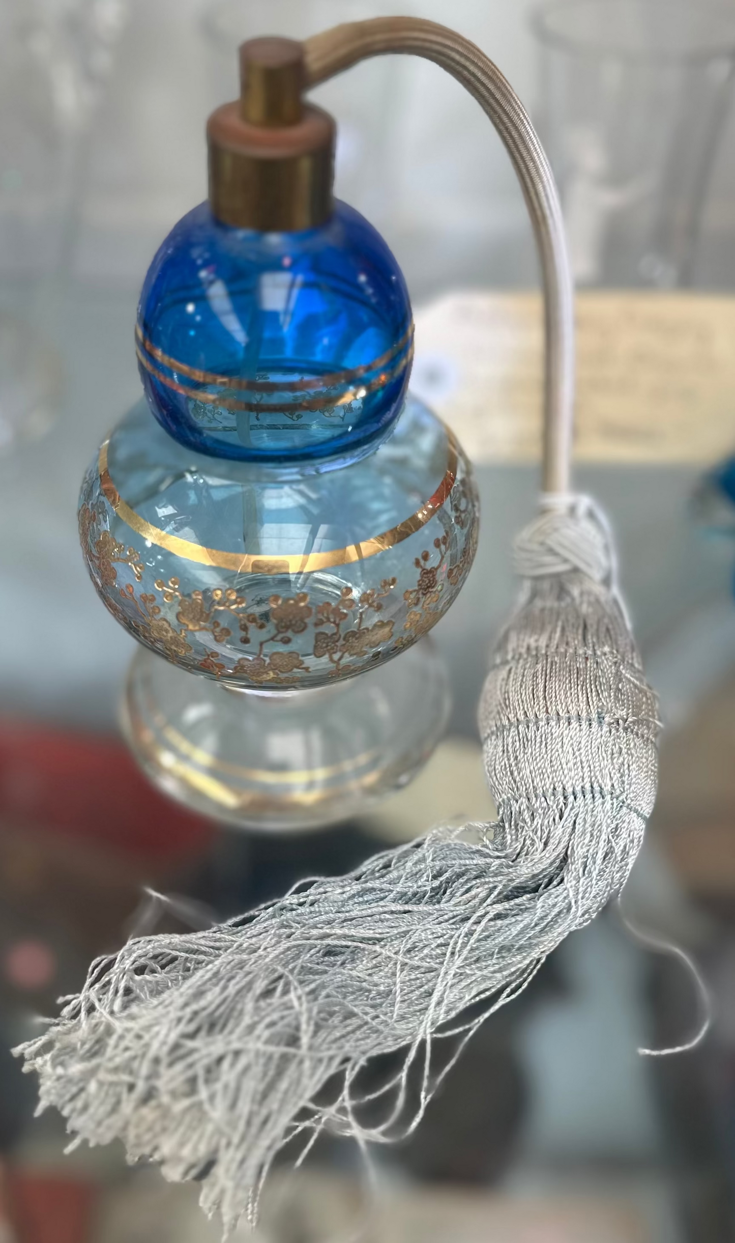 Vintage Blue Art Glass Perfume Atomizer - Gold Floral Gilt Double Gourd Scent Bottle with Tassel