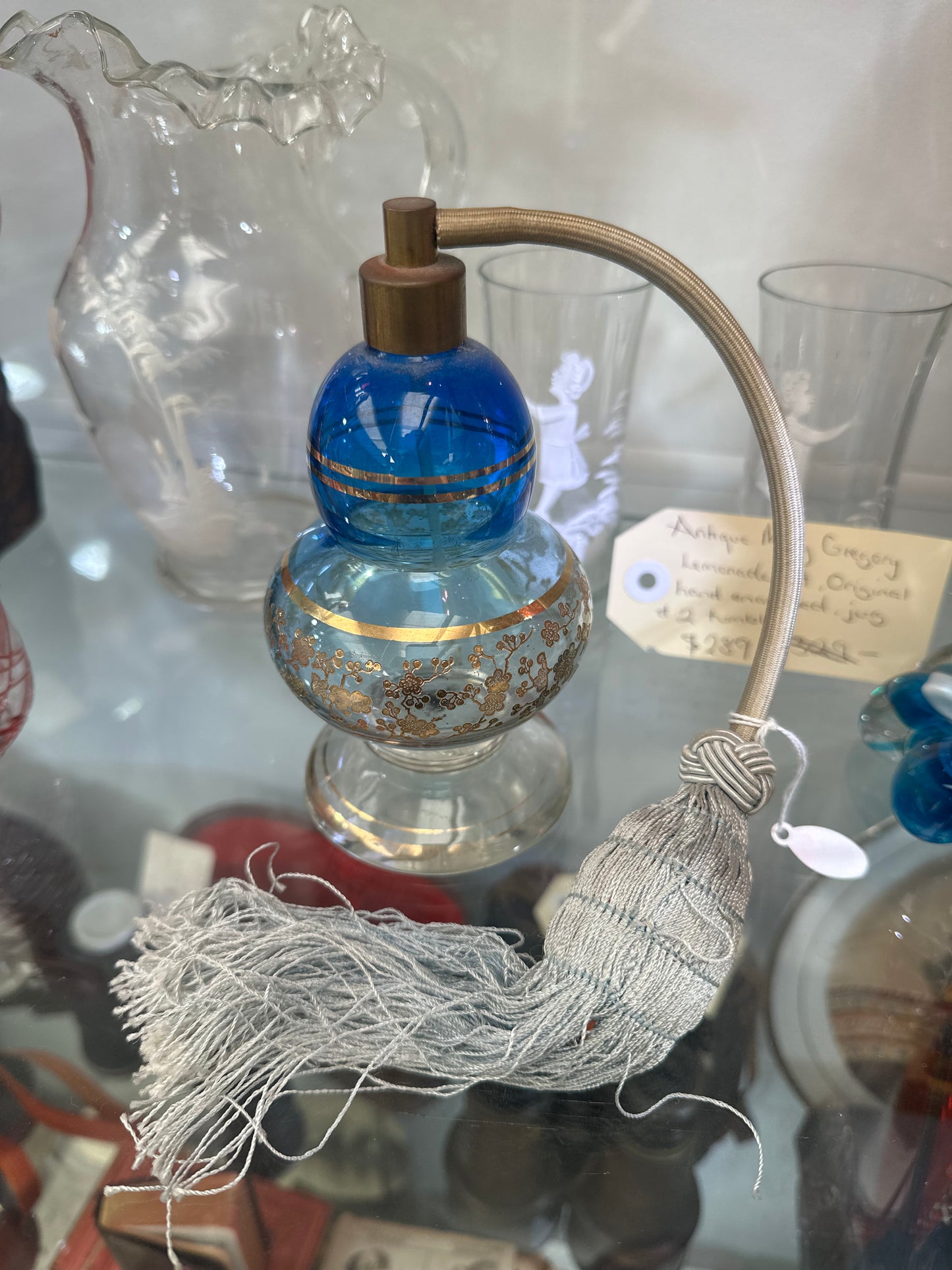 Vintage Blue Art Glass Perfume Atomizer - Gold Floral Gilt Double Gourd Scent Bottle with Tassel