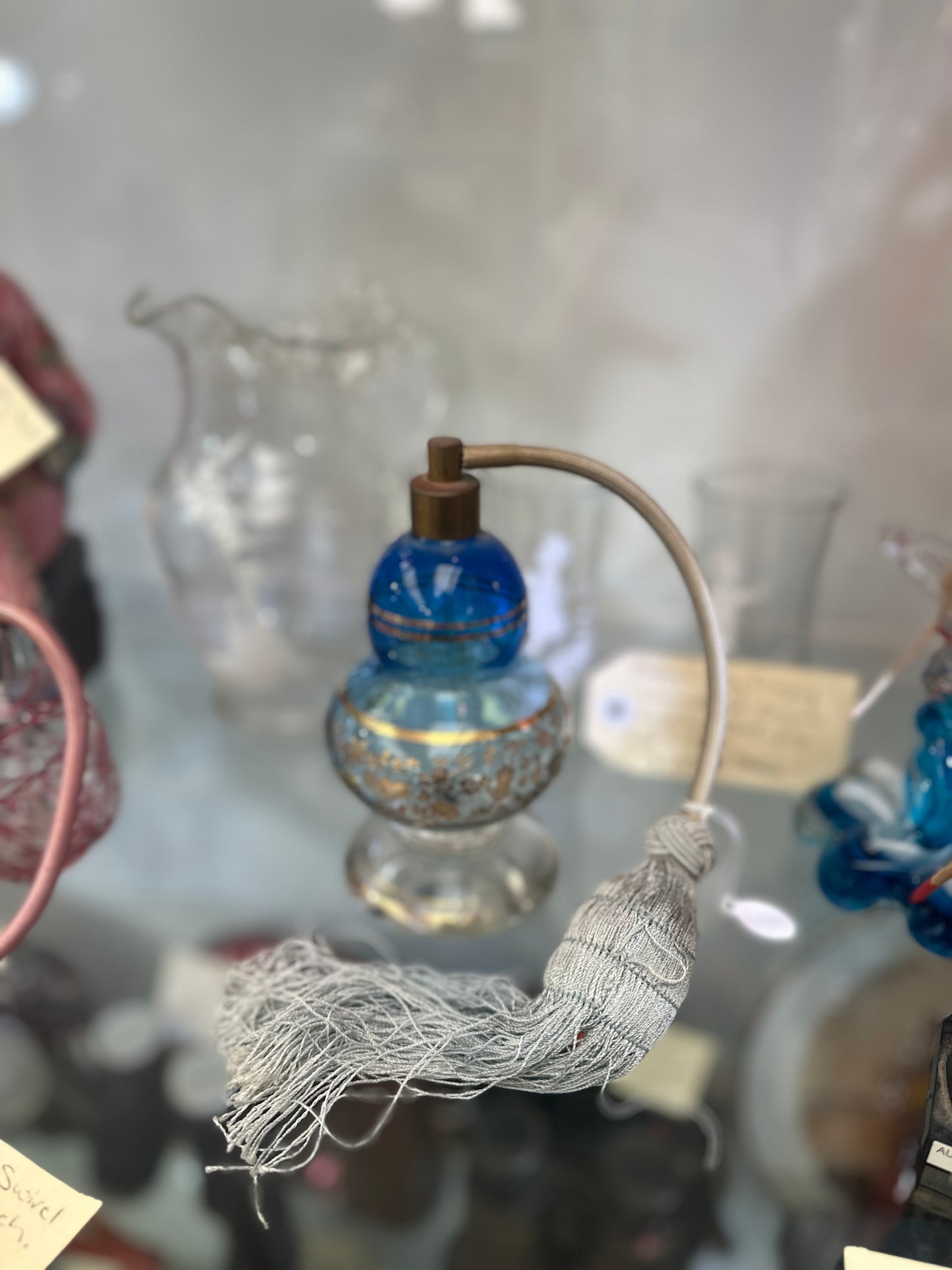 Vintage Blue Art Glass Perfume Atomizer - Gold Floral Gilt Double Gourd Scent Bottle with Tassel
