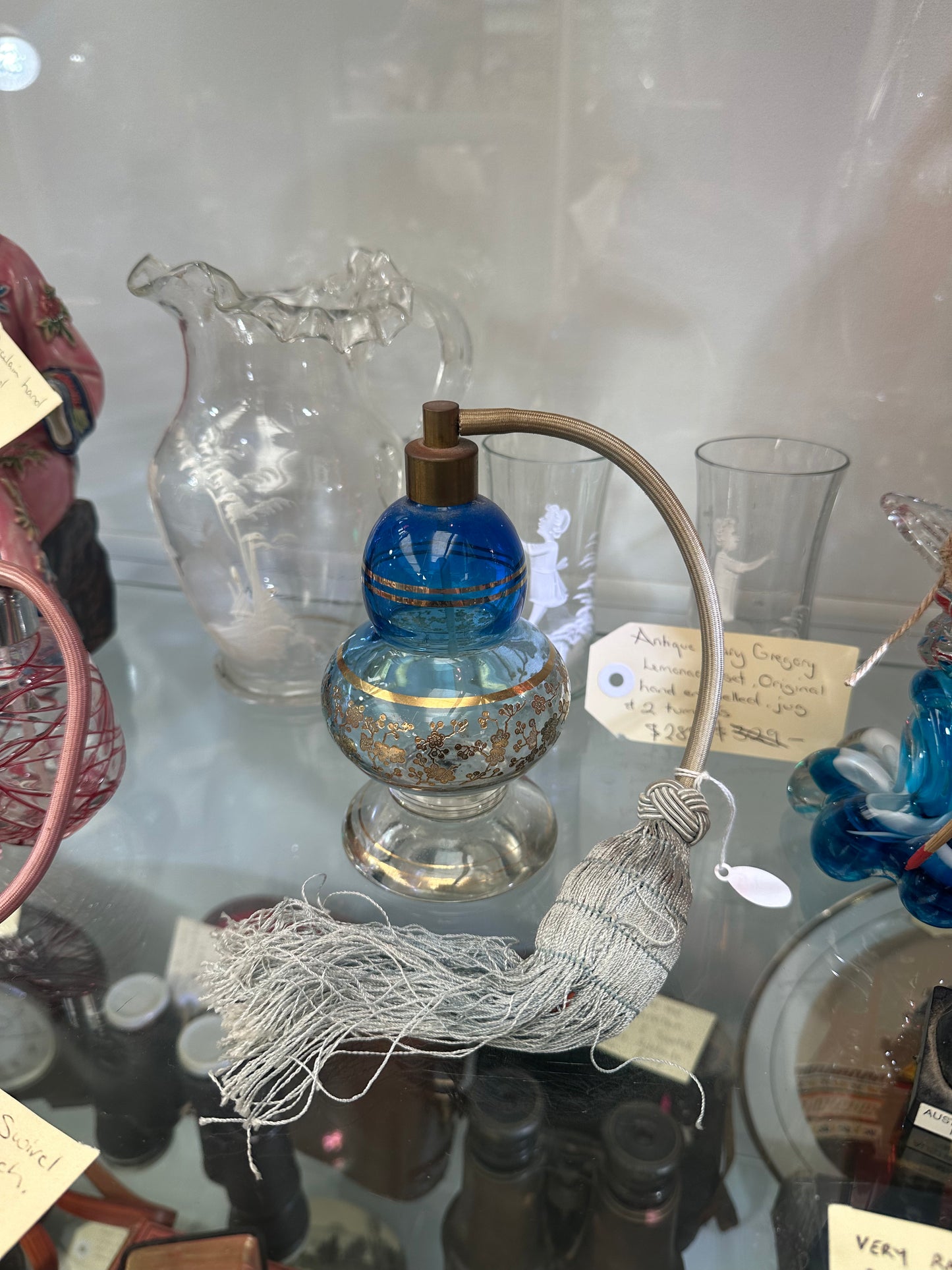 Vintage Blue Art Glass Perfume Atomizer - Gold Floral Gilt Double Gourd Scent Bottle with Tassel