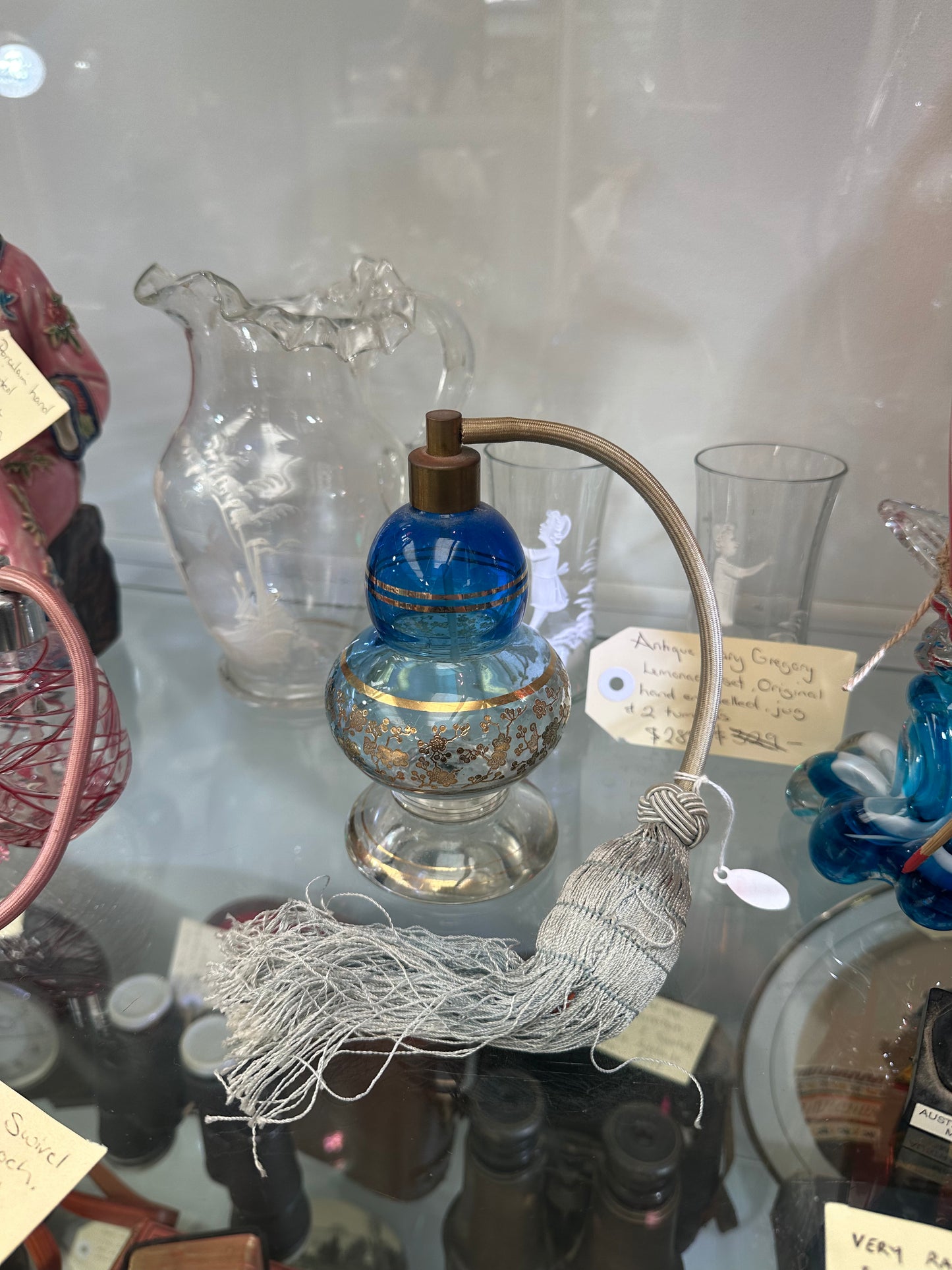 Vintage Blue Art Glass Perfume Atomizer - Gold Floral Gilt Double Gourd Scent Bottle with Tassel
