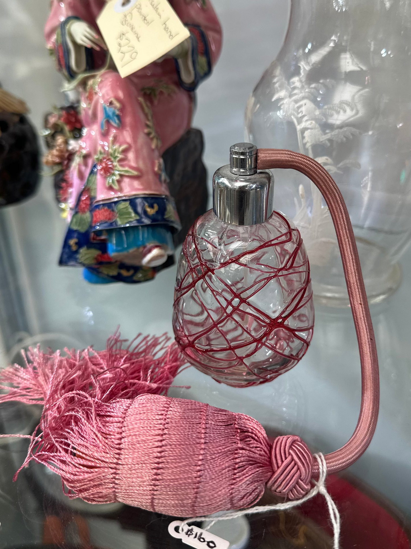 Vintage Pink & Red Lattice Glass Perfume Atomizer | Mid-Century Art Glass Scent Bottle with Tassel