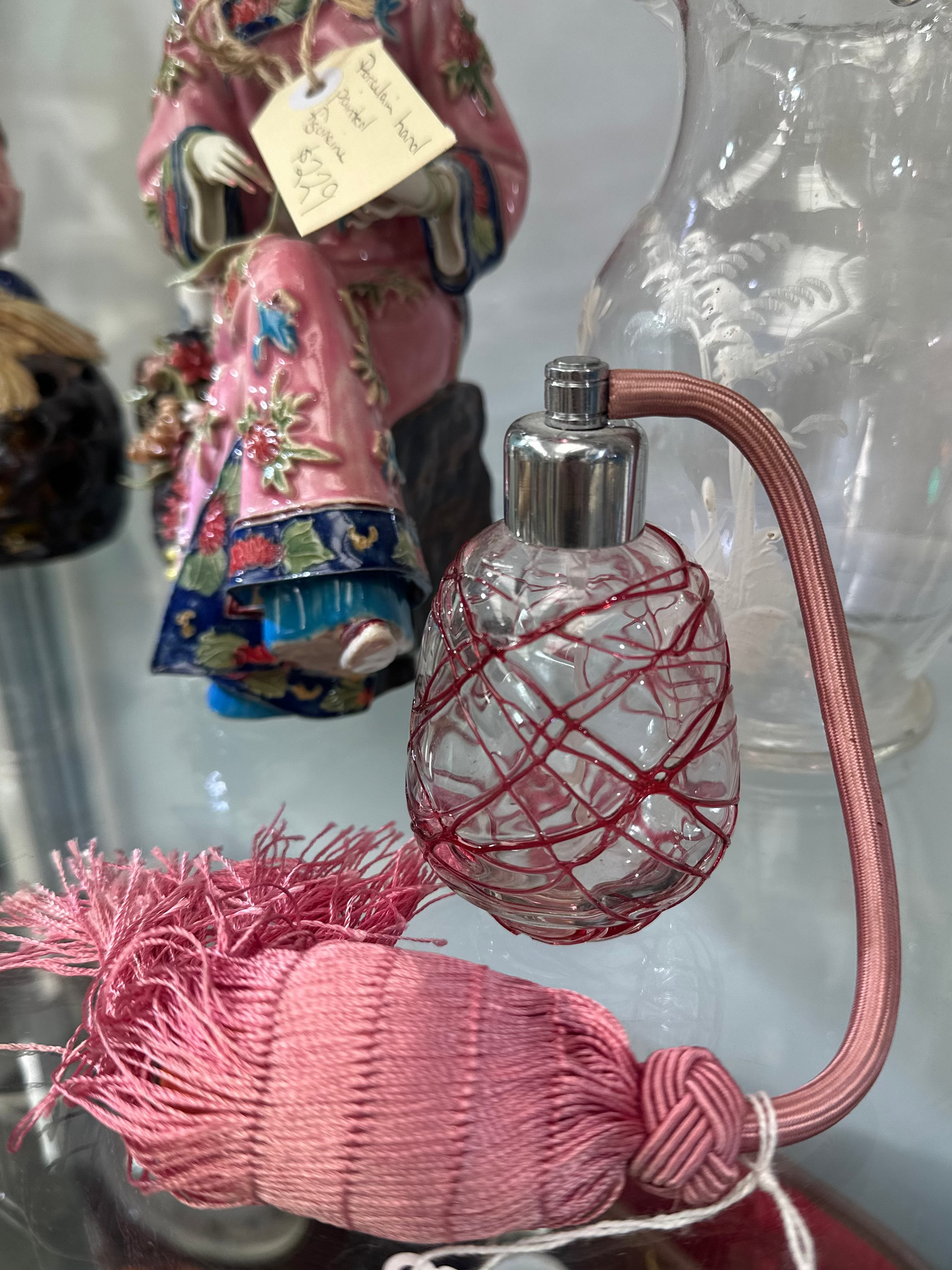 Vintage Pink & Red Lattice Glass Perfume Atomizer | Mid-Century Art Glass Scent Bottle with Tassel
