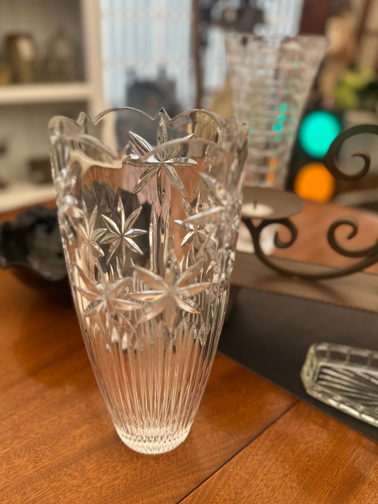Vintage Lead Crystal Vase | Intricate Pinwheel & Starburst Cut | Heavy Bohemian Style Glass | Scalloped Rim Centrepiece