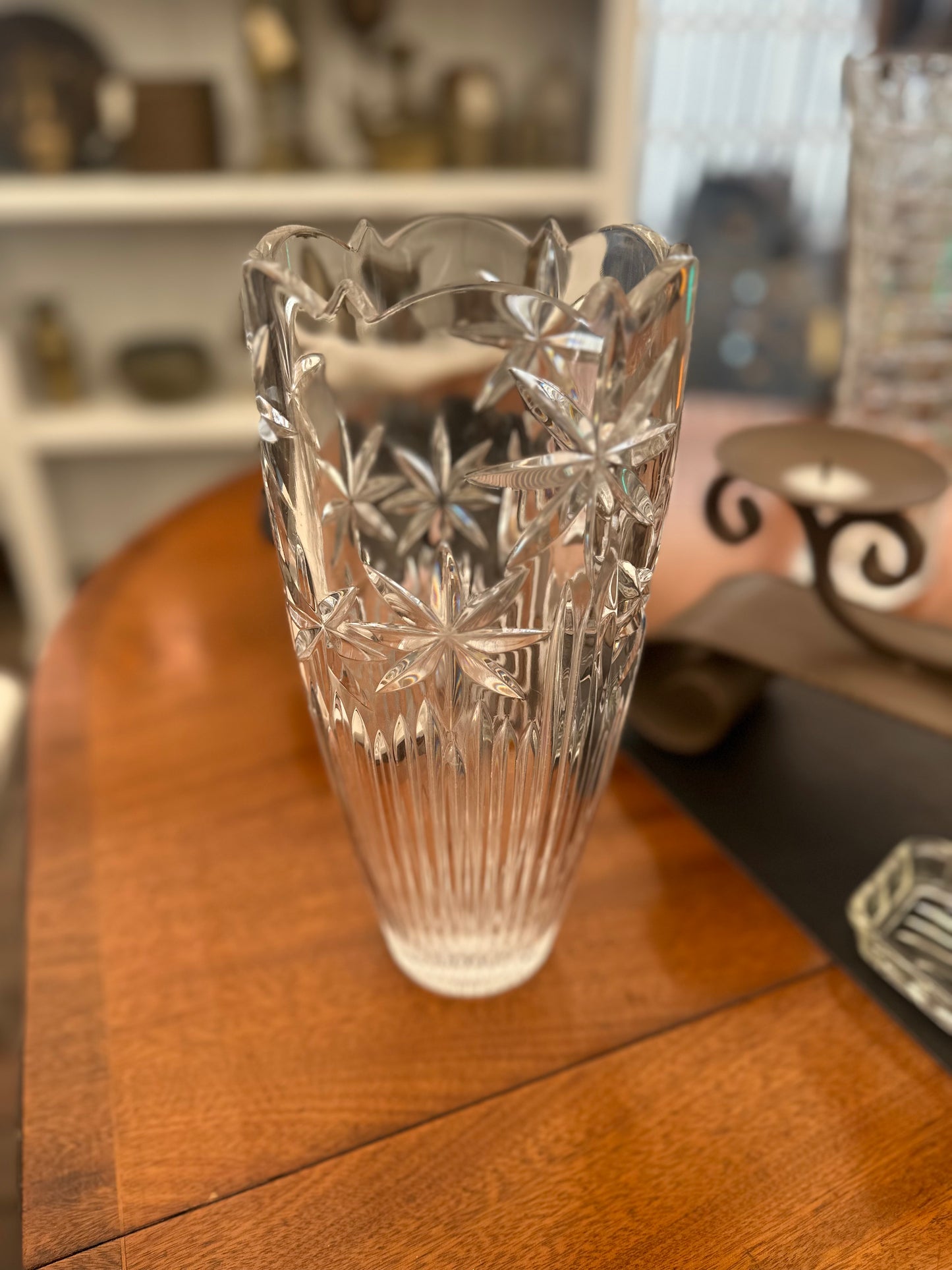 Vintage Lead Crystal Vase | Intricate Pinwheel & Starburst Cut | Heavy Bohemian Style Glass | Scalloped Rim Centrepiece