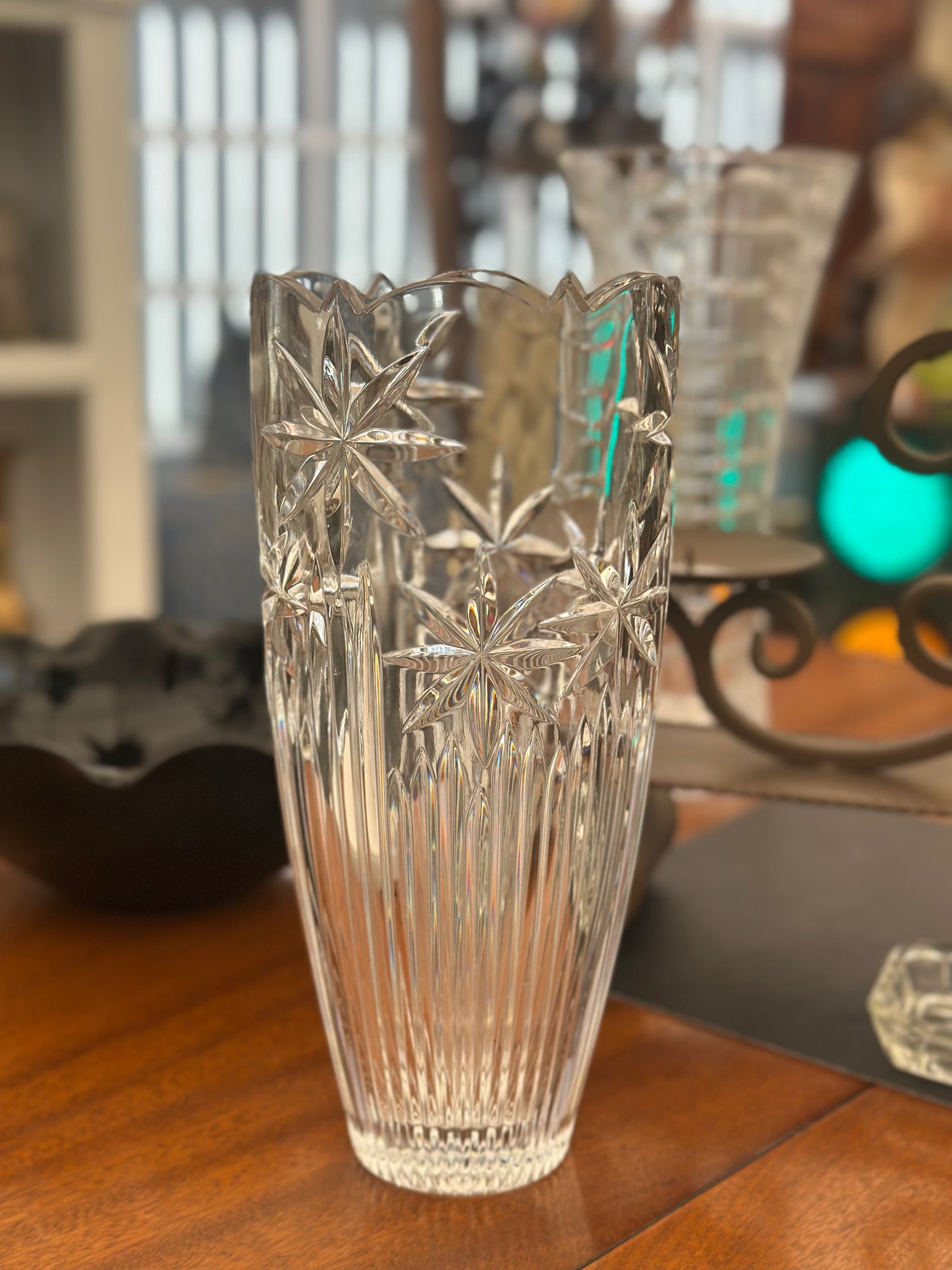 Vintage Lead Crystal Vase | Intricate Pinwheel & Starburst Cut | Heavy Bohemian Style Glass | Scalloped Rim Centrepiece