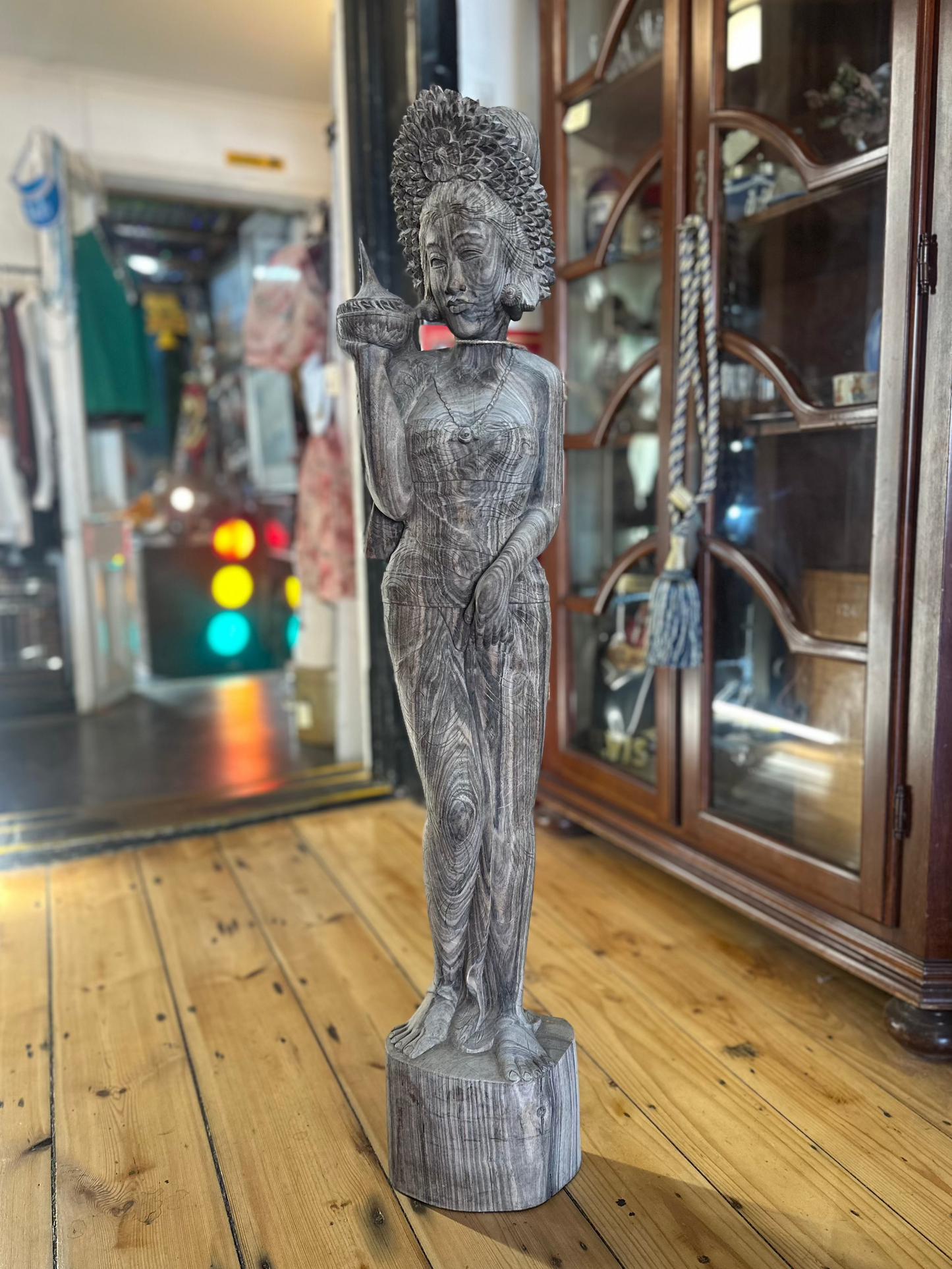 Vintage Balinese Hand-Carved Wood Statue | Large Indonesian Goddess Sculpture