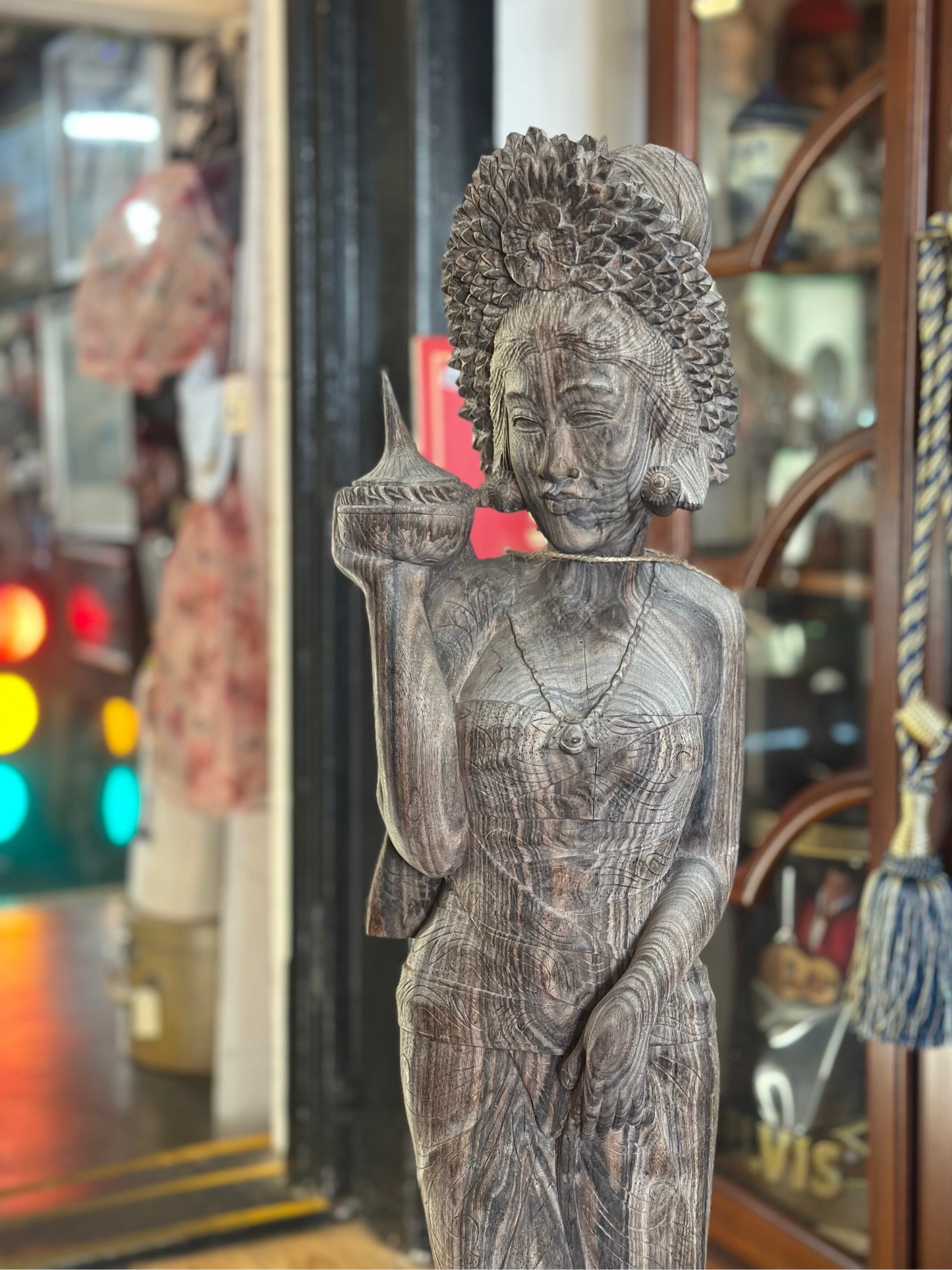 Vintage Balinese Hand-Carved Wood Statue | Large Indonesian Goddess Sculpture