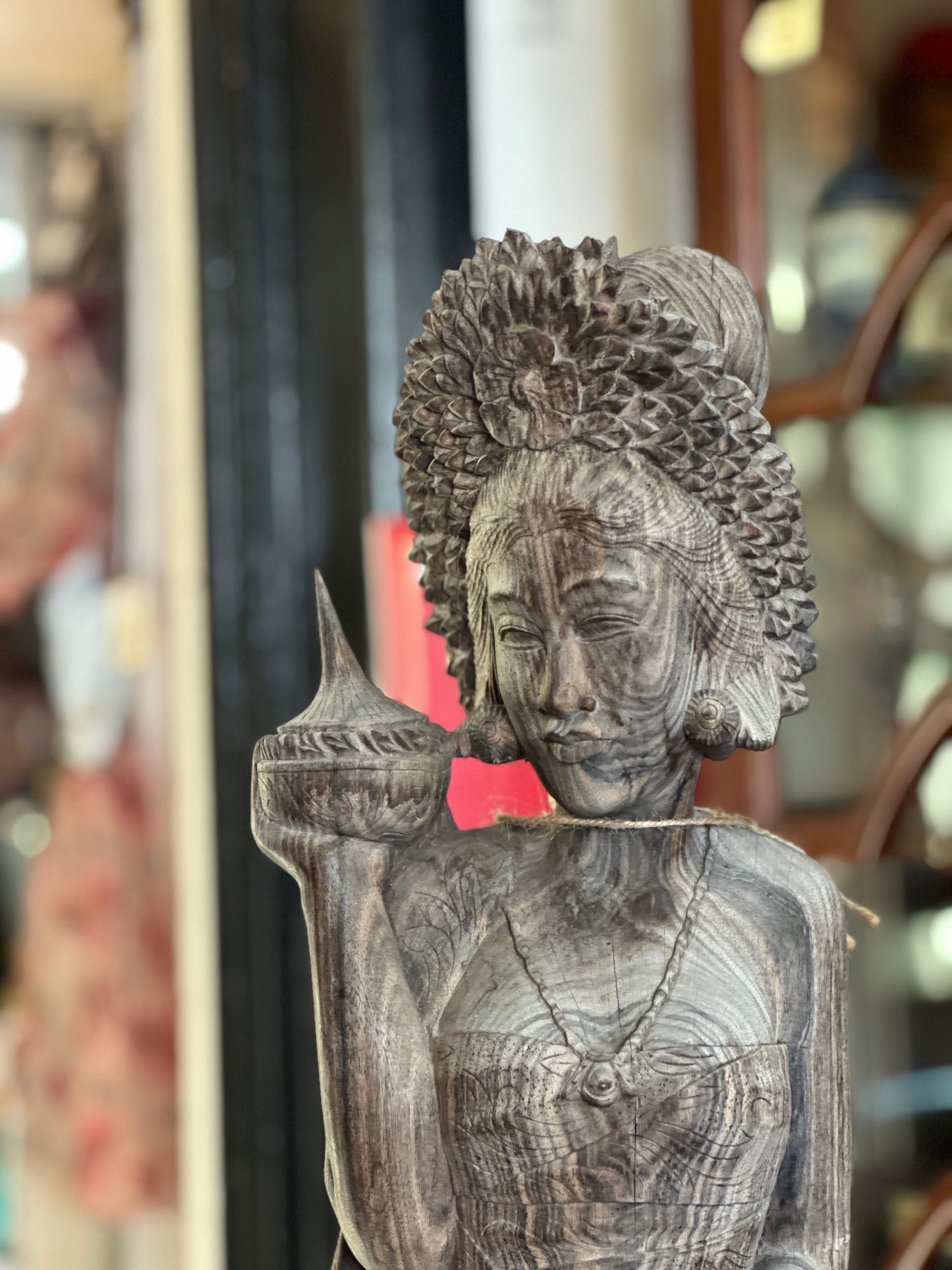 Vintage Balinese Hand-Carved Wood Statue | Large Indonesian Goddess Sculpture