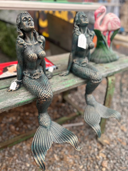 Vintage Style Cast Iron Mermaid Statue - Verdigris Garden Sculpture Shelf Sitter