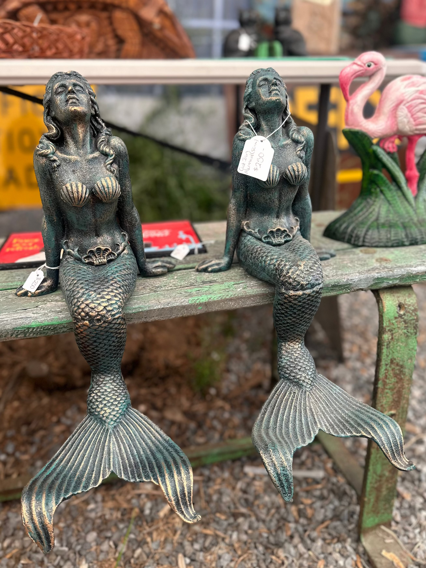 Vintage Style Cast Iron Mermaid Statue - Verdigris Garden Sculpture Shelf Sitter